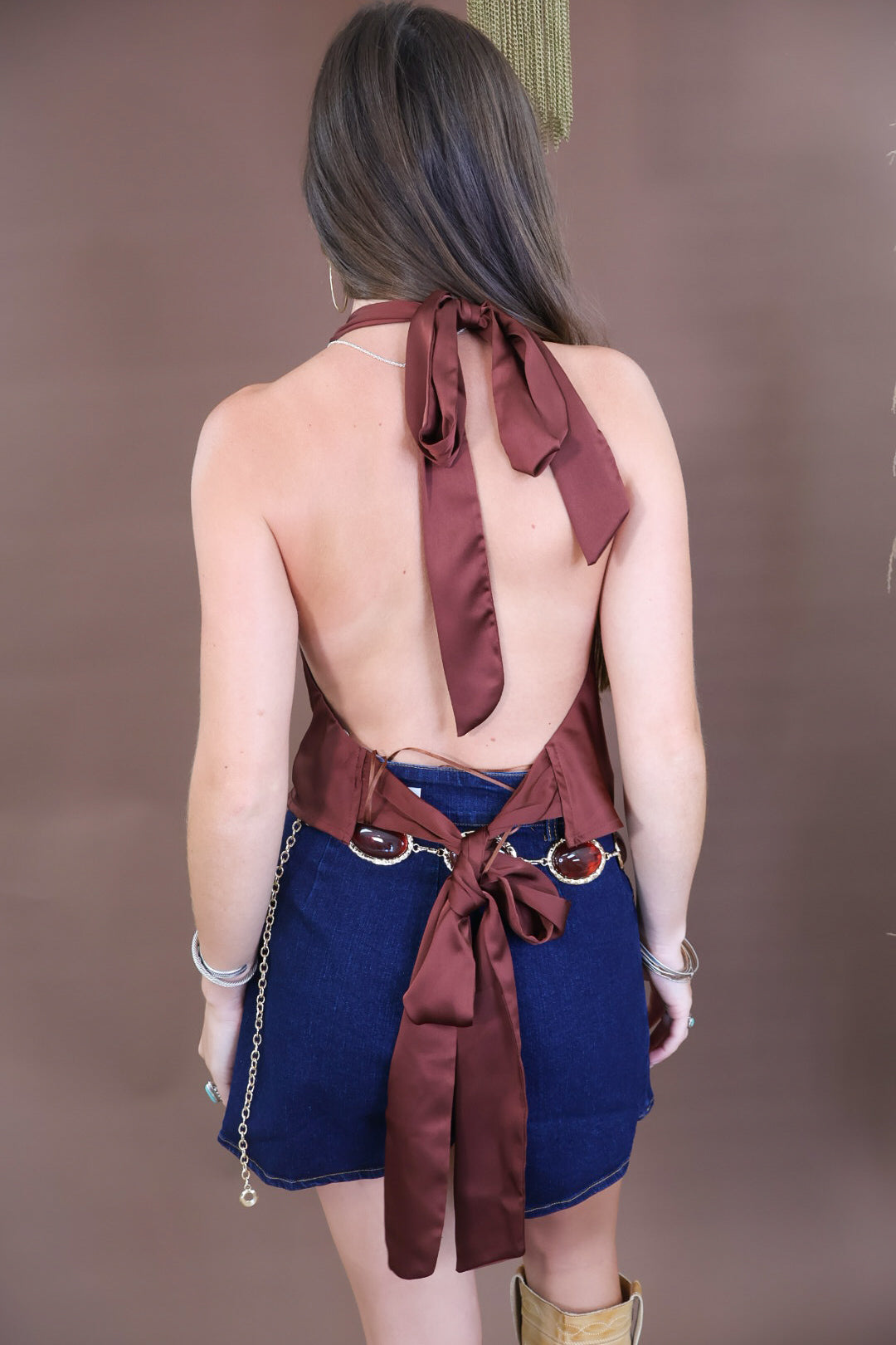 Brown Satin Cowl Neck Open Back Top