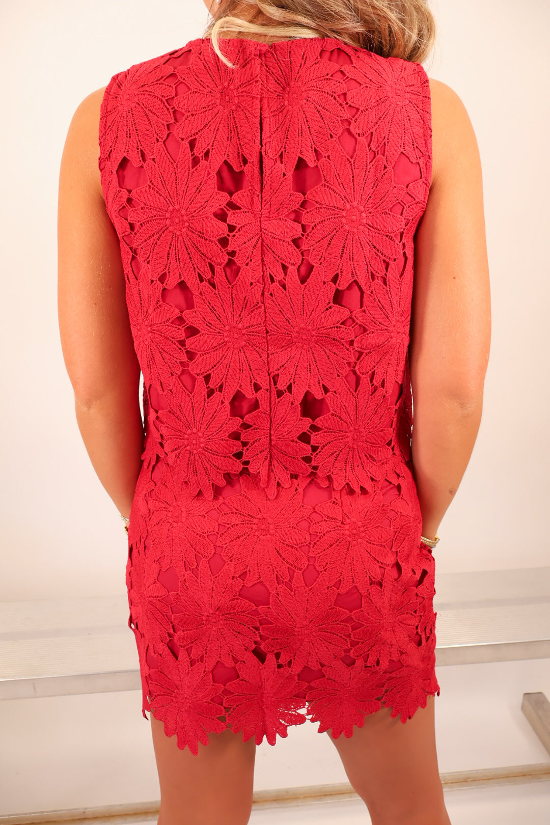 Red Floral Lace Top & High-Waisted Mini Skirt Set
