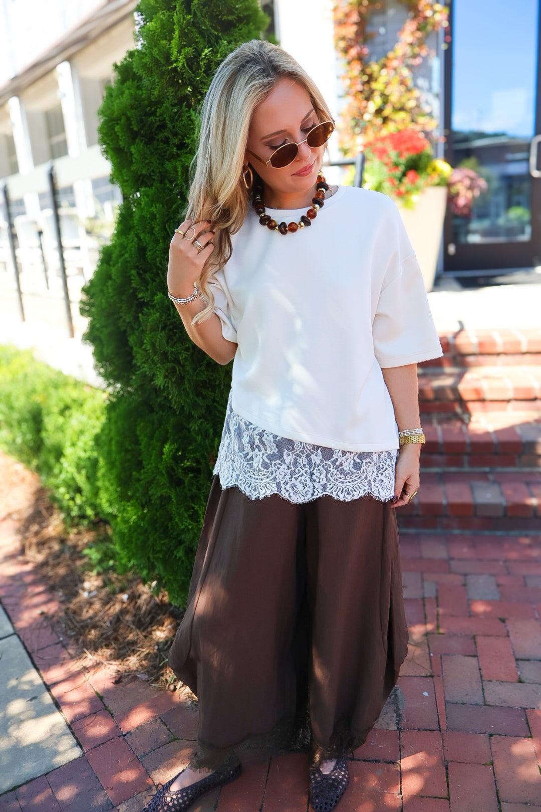 Cream Tee With Asymmetrical Lace Hem