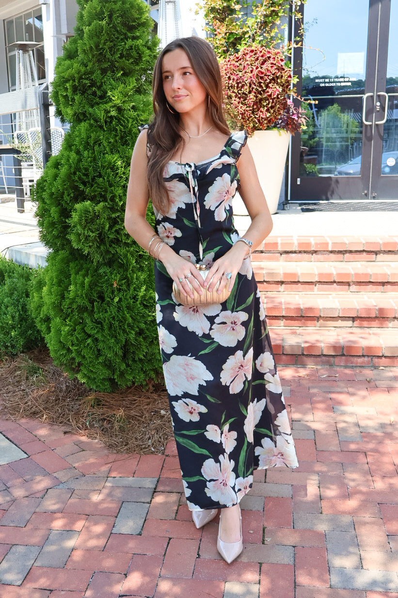 Black Floral Ruffle Strap Maxi Dress
