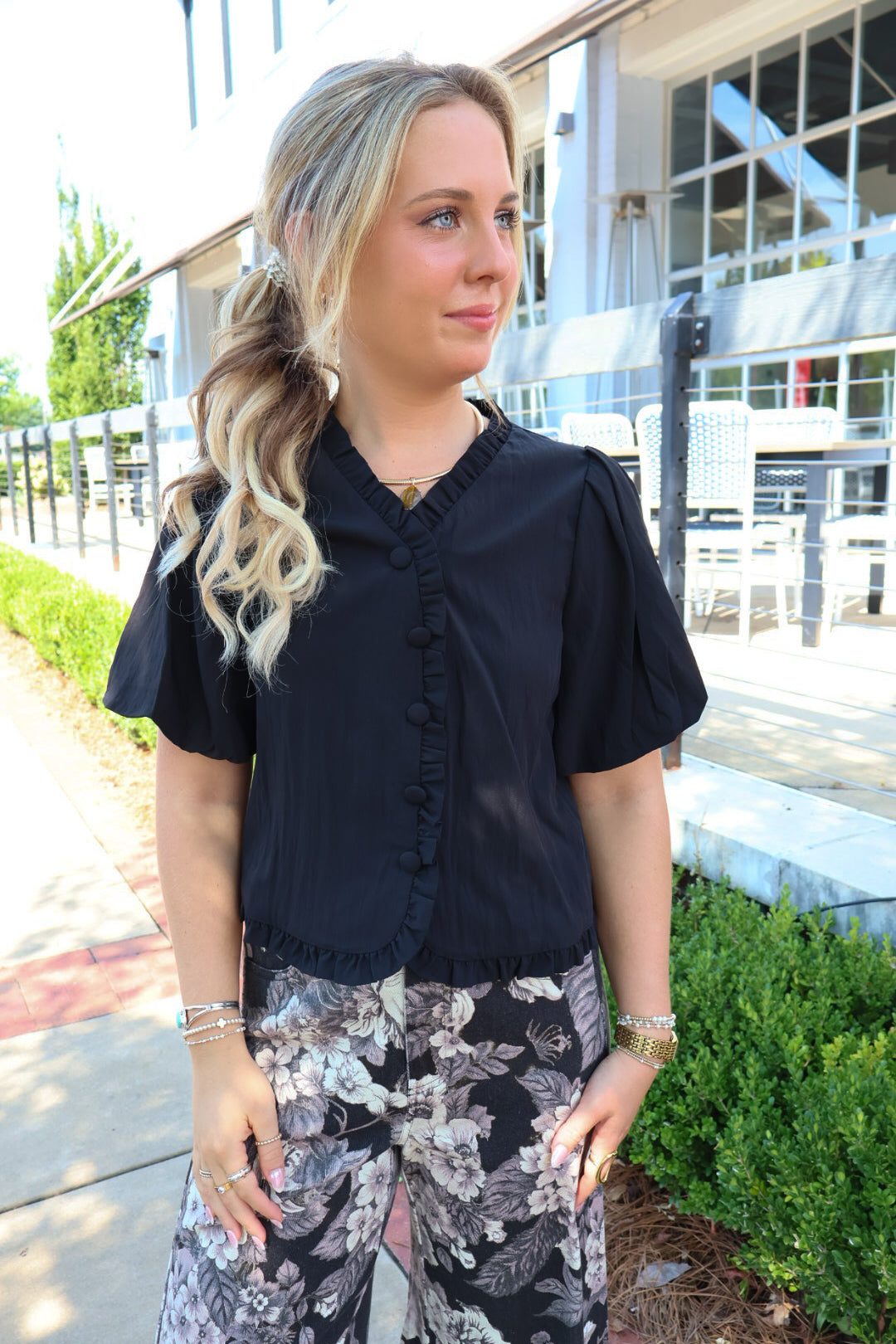 Black Ruffle Puff Sleeve Top