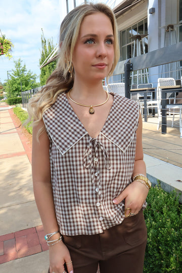 Brown Plaid Peter Pan Sleeveless Top