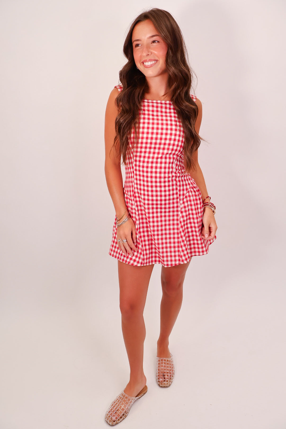 Red Gingham Scoop Back Mini Dress