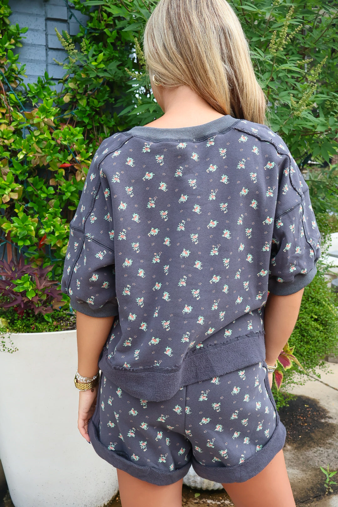 Cozy Charcoal Floral Terry Top and Shorts Set