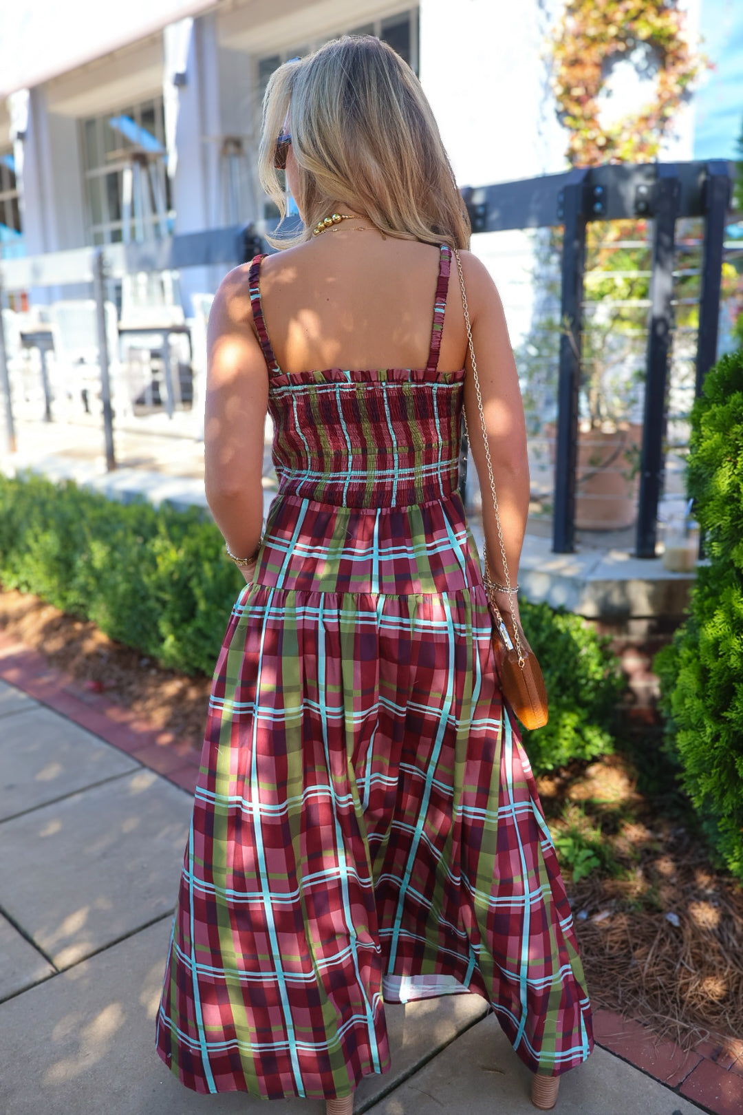 Burgundy Plaid Smocked Maxi Dress