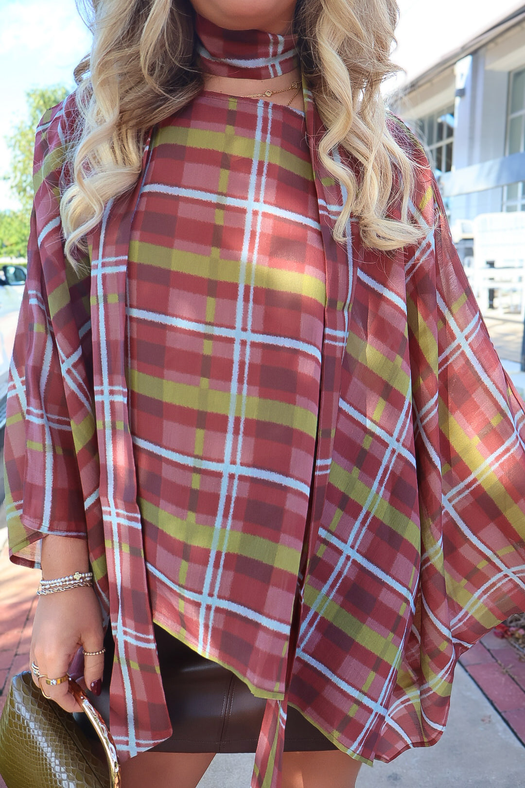 Plaid Poncho Top With Detached Neck Scarf