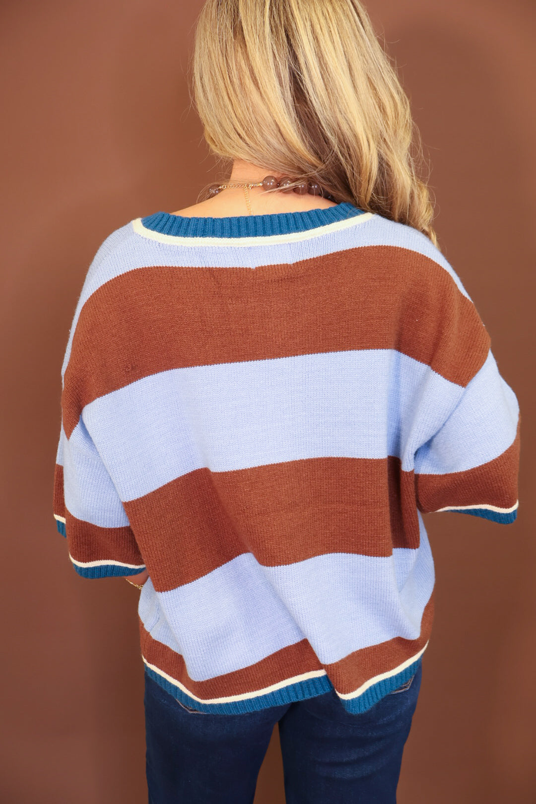 Light Blue & Brown Striped Short Sleeve Cardigan