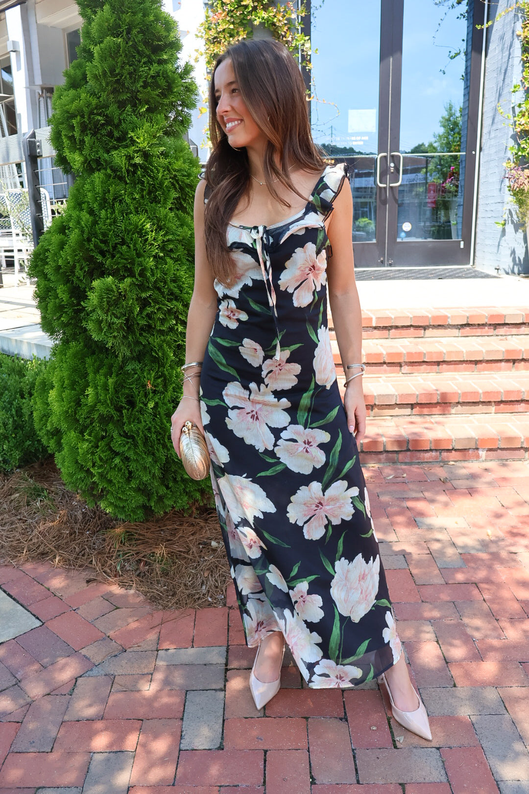 Black Floral Ruffle Strap Maxi Dress