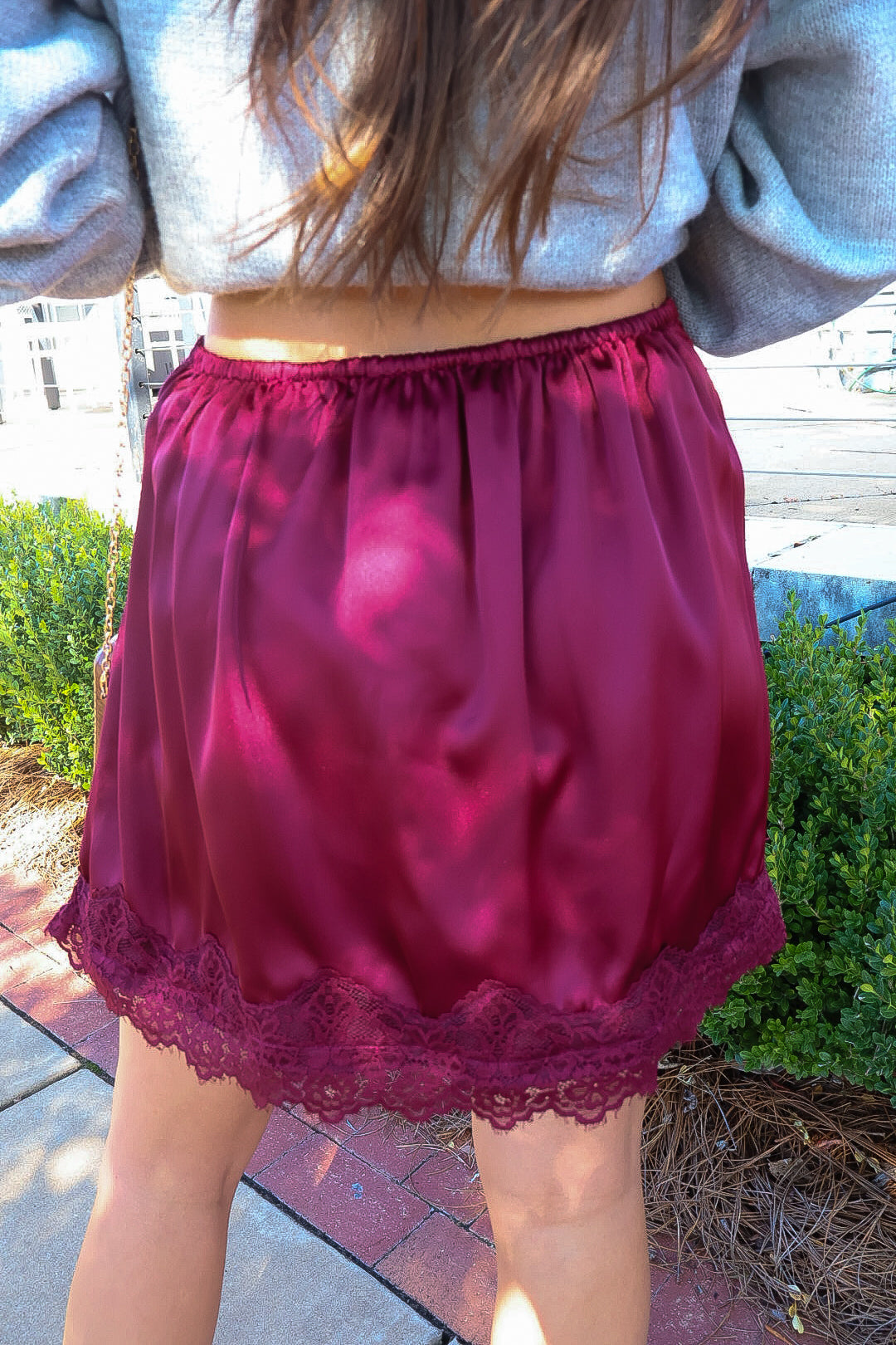 Wine Satin Lace Trim Mini Skirt With Built-In Shorts