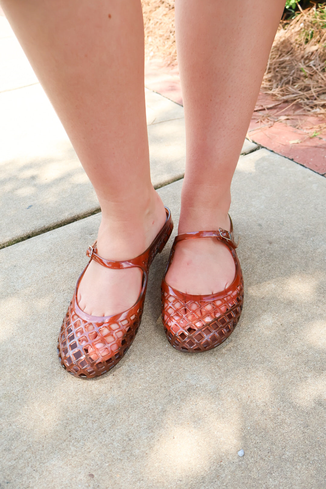 Brown Jelly Mary Jane Slides