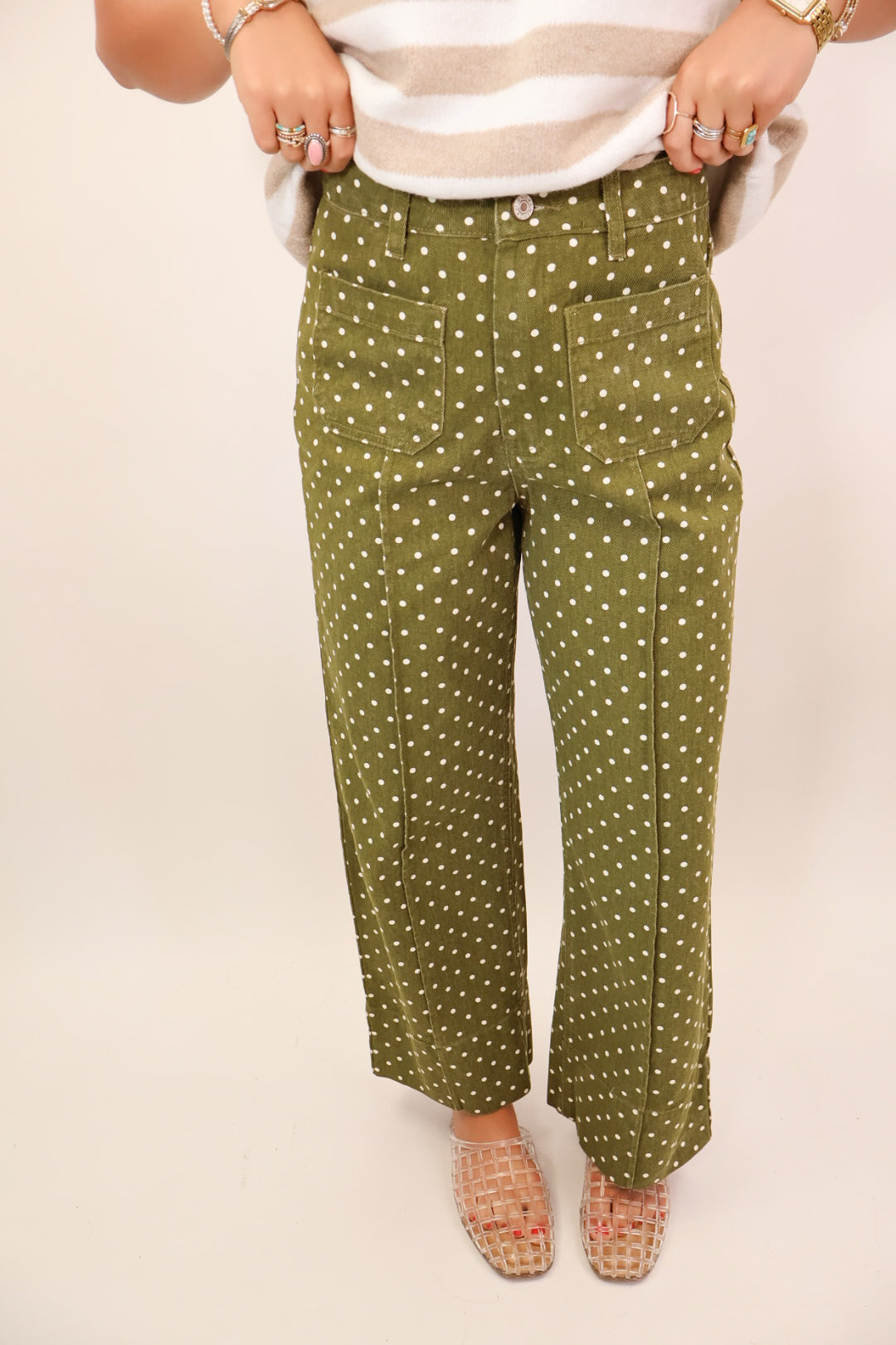 Olive Polka Dot Barrel Jeans