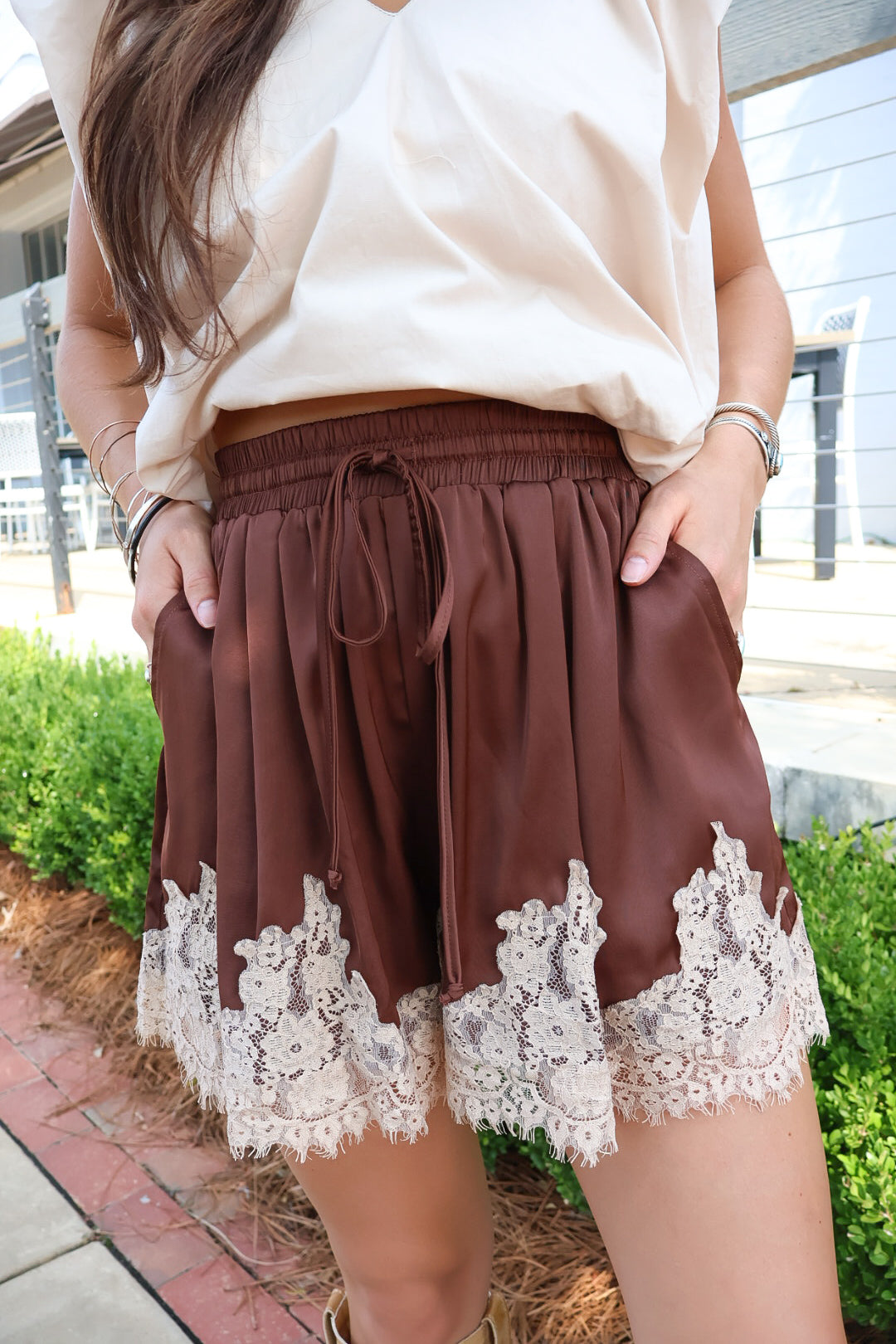 Chocolate Satin Lace Trim Shorts