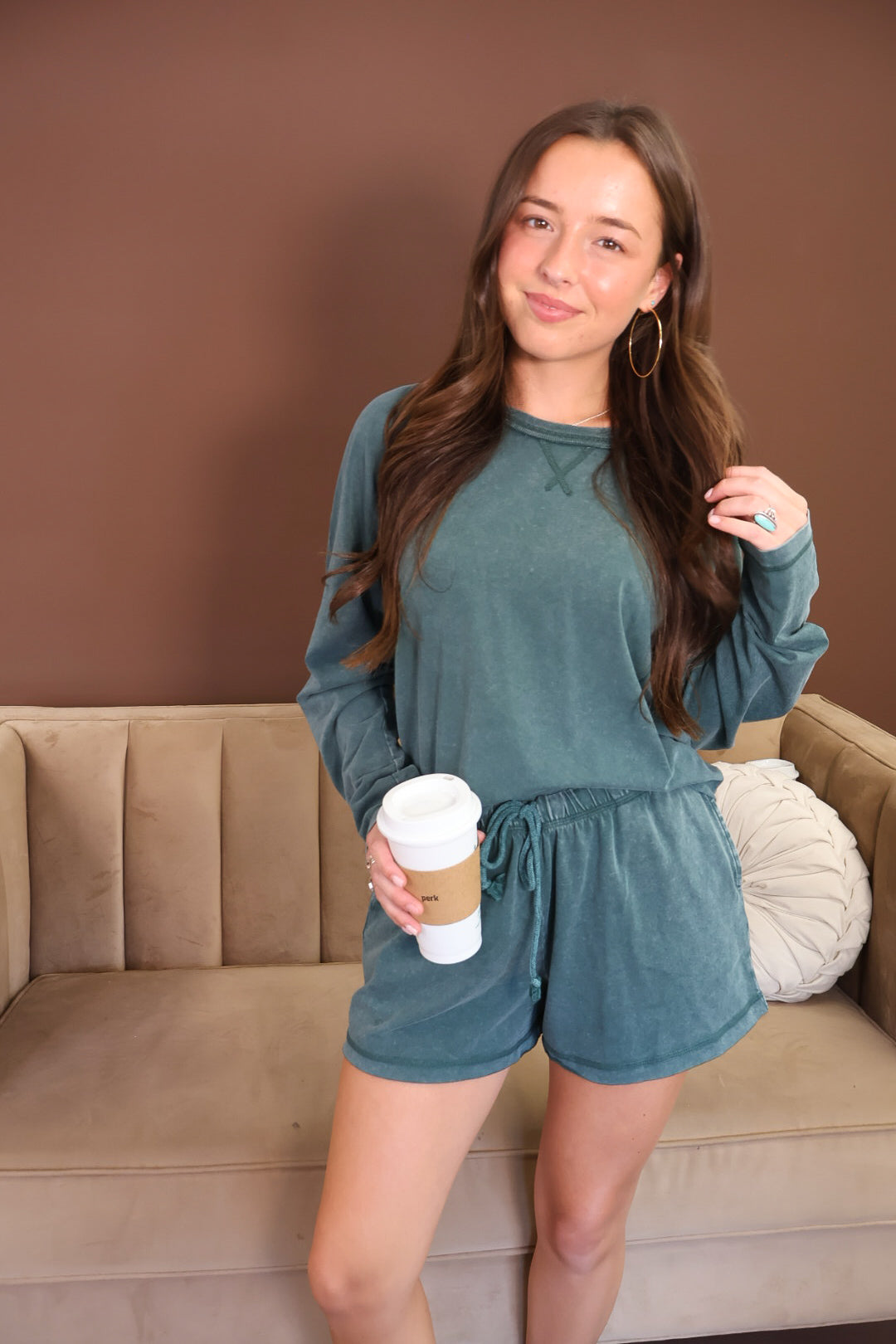 Washed Green Long Sleeve Top & Shorts Set