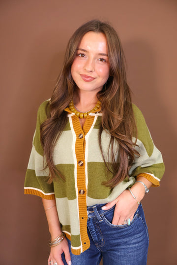Olive & Cream Striped Short Sleeve Cardigan