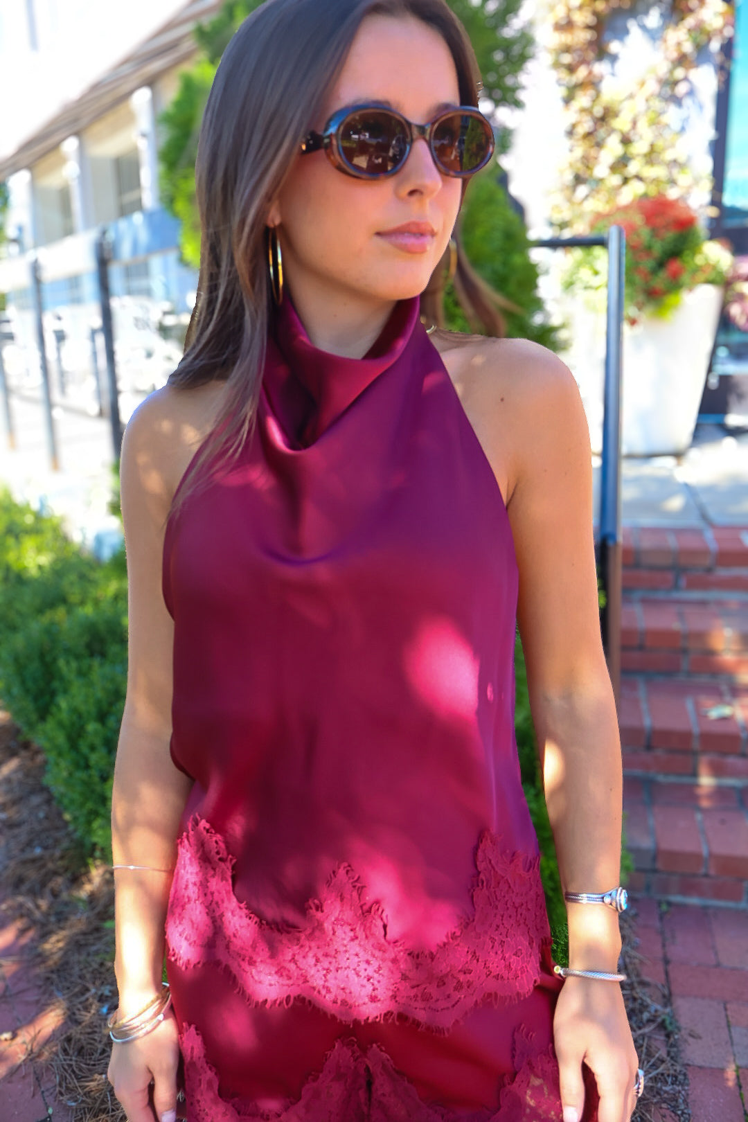 Burgundy Satin Low Back Halter & Lace Trim Shorts Set