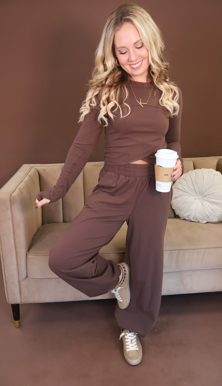 Brown Crossover Crop Top & Jogger Pants Set