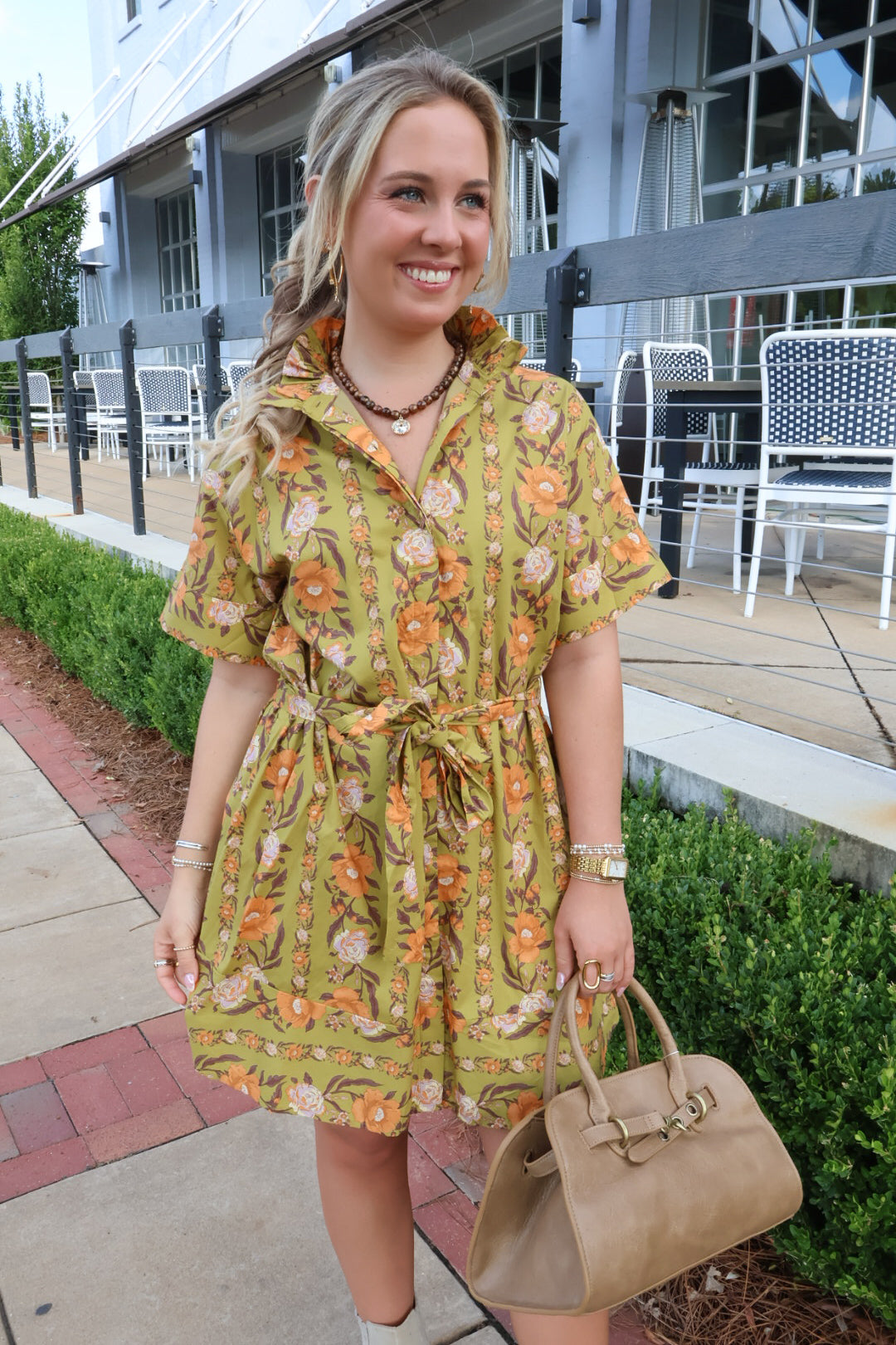 Green & Orange Floral Tie-Front Dress