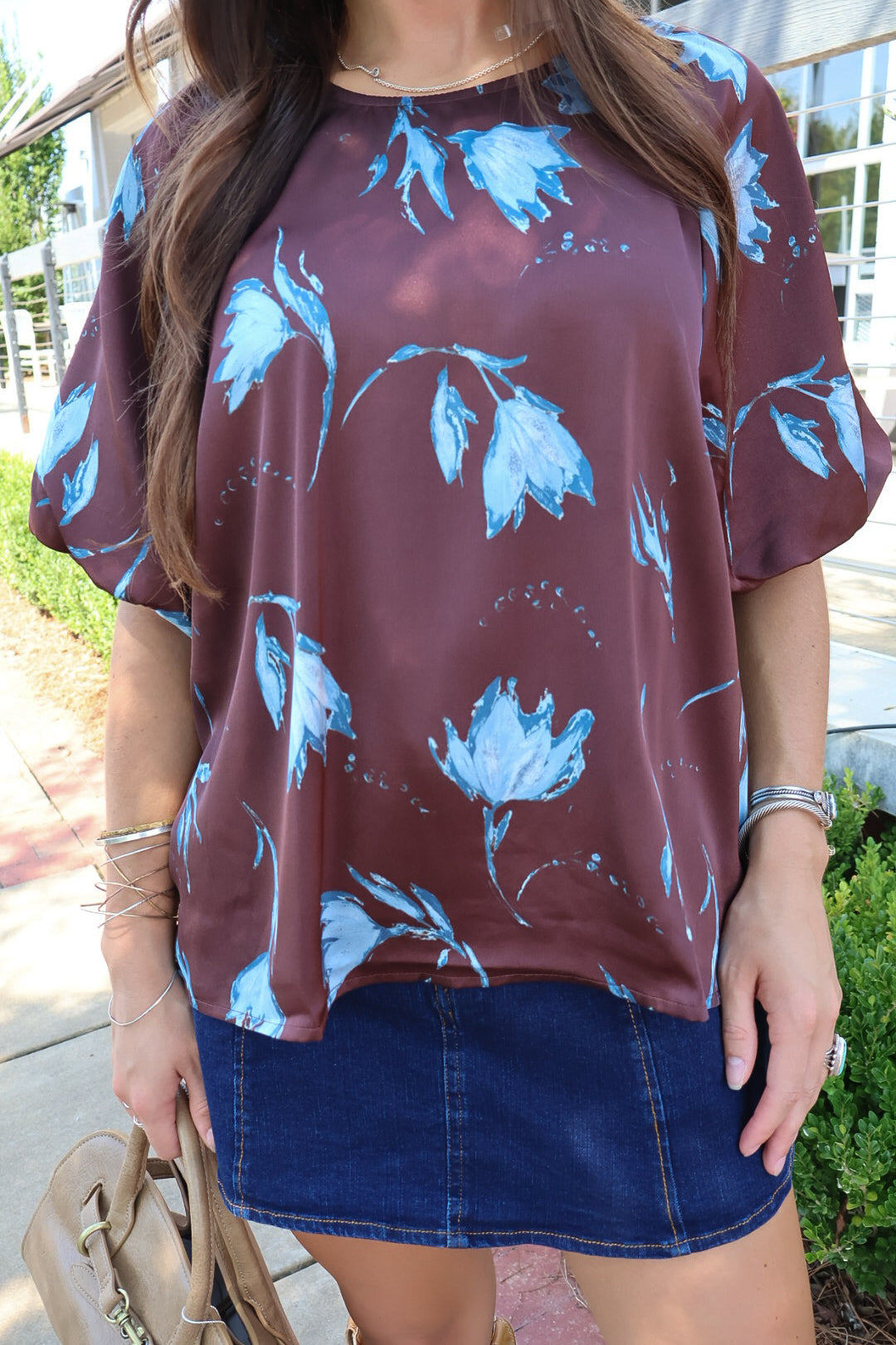 Brown & Blue Floral Satin Top