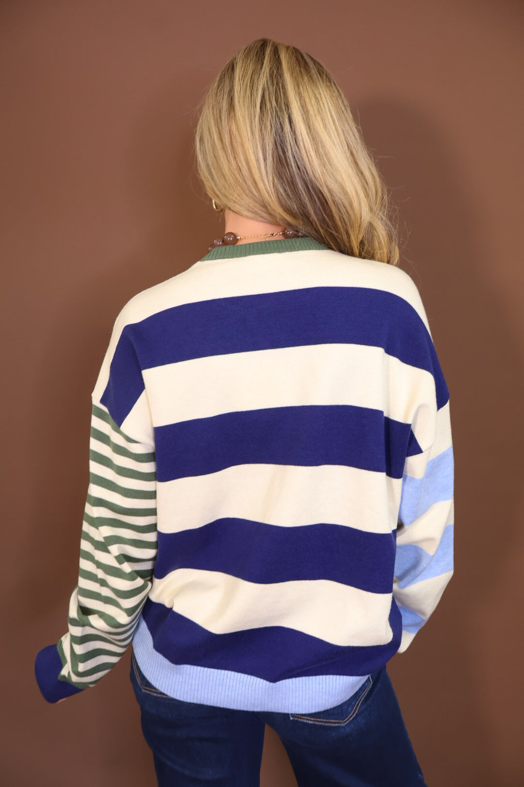Navy & Cream Mixed Stripe Lightweight Sweater