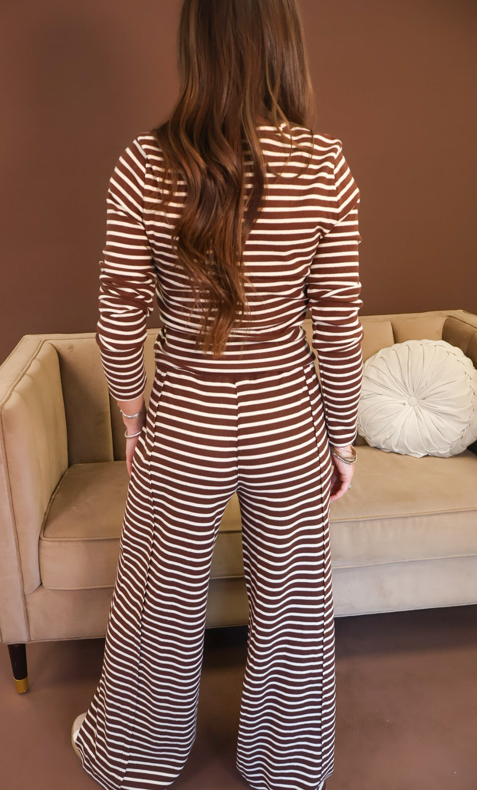Brown & White Striped Rib Knit Top & Pants Set