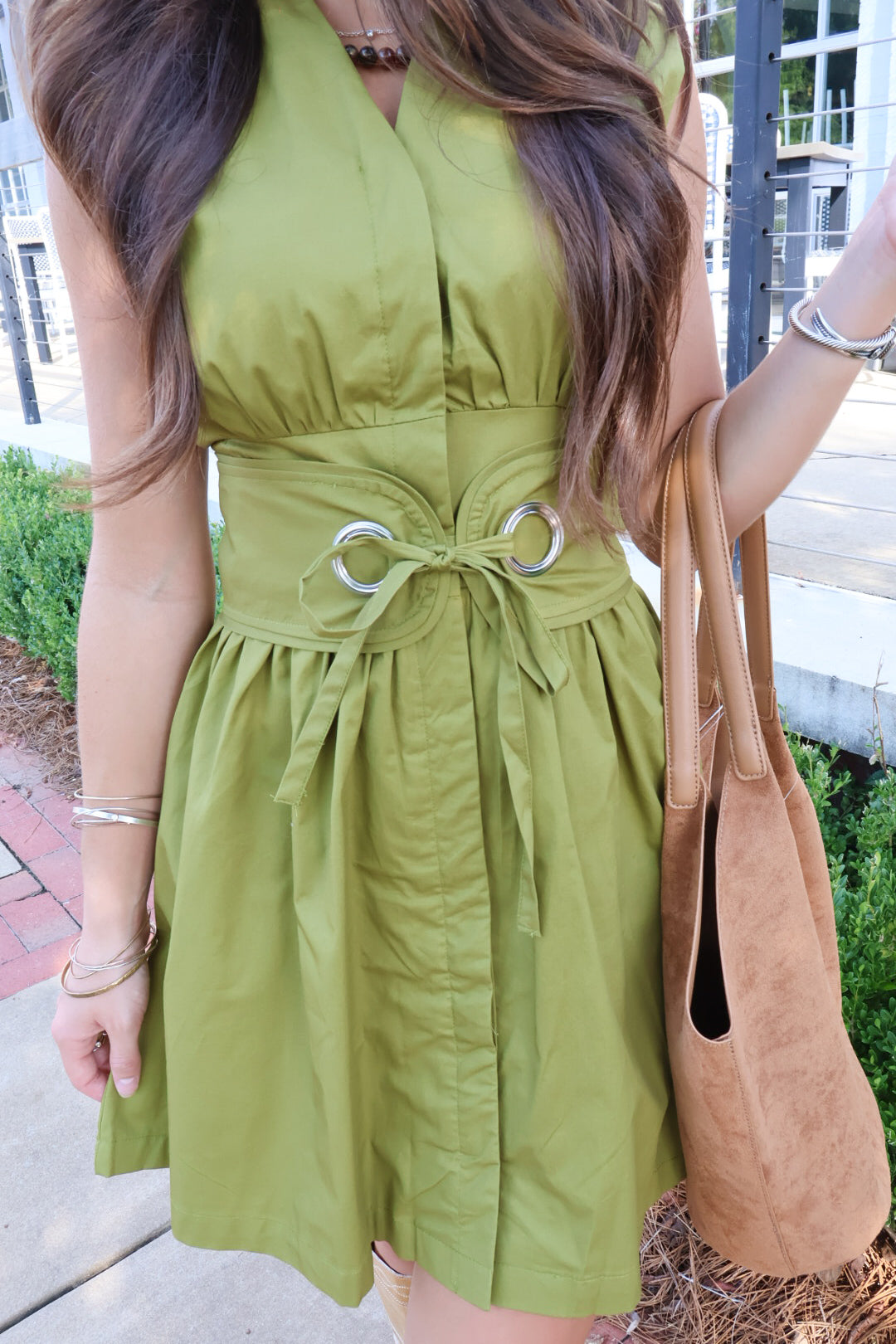 Olive Dress with Banded Waist & Sash