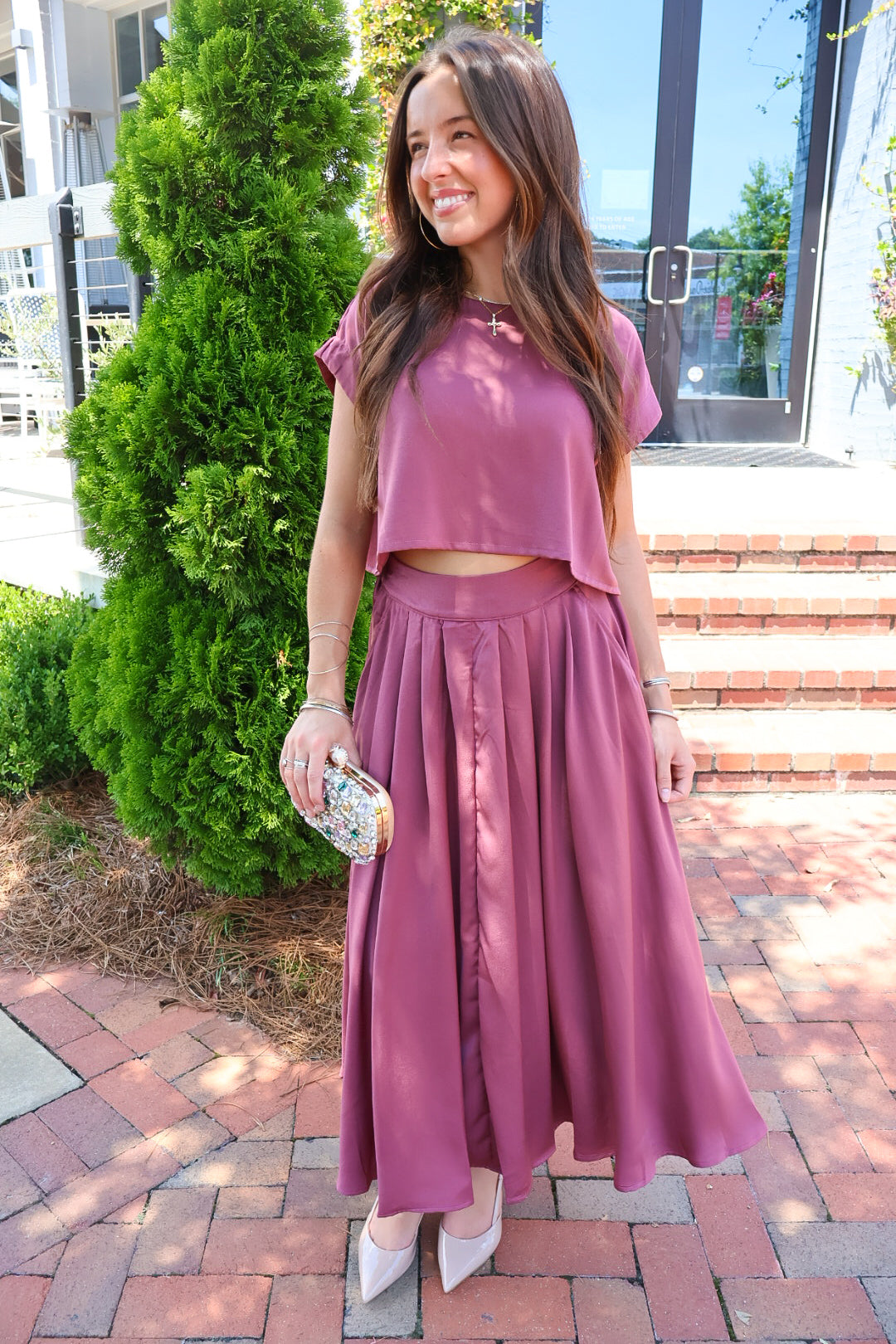 Mauve Satin Crop Top & Midi Skirt Set