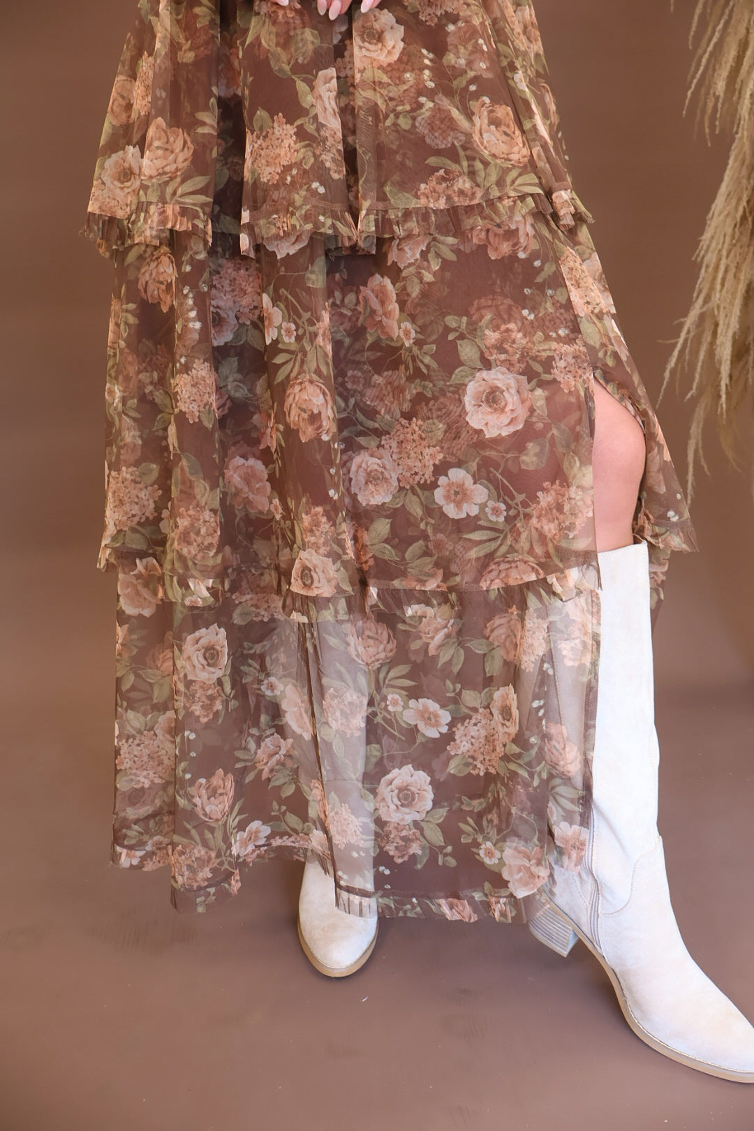 Chocolate Floral Mesh Tiered Ruffle Strap Dress