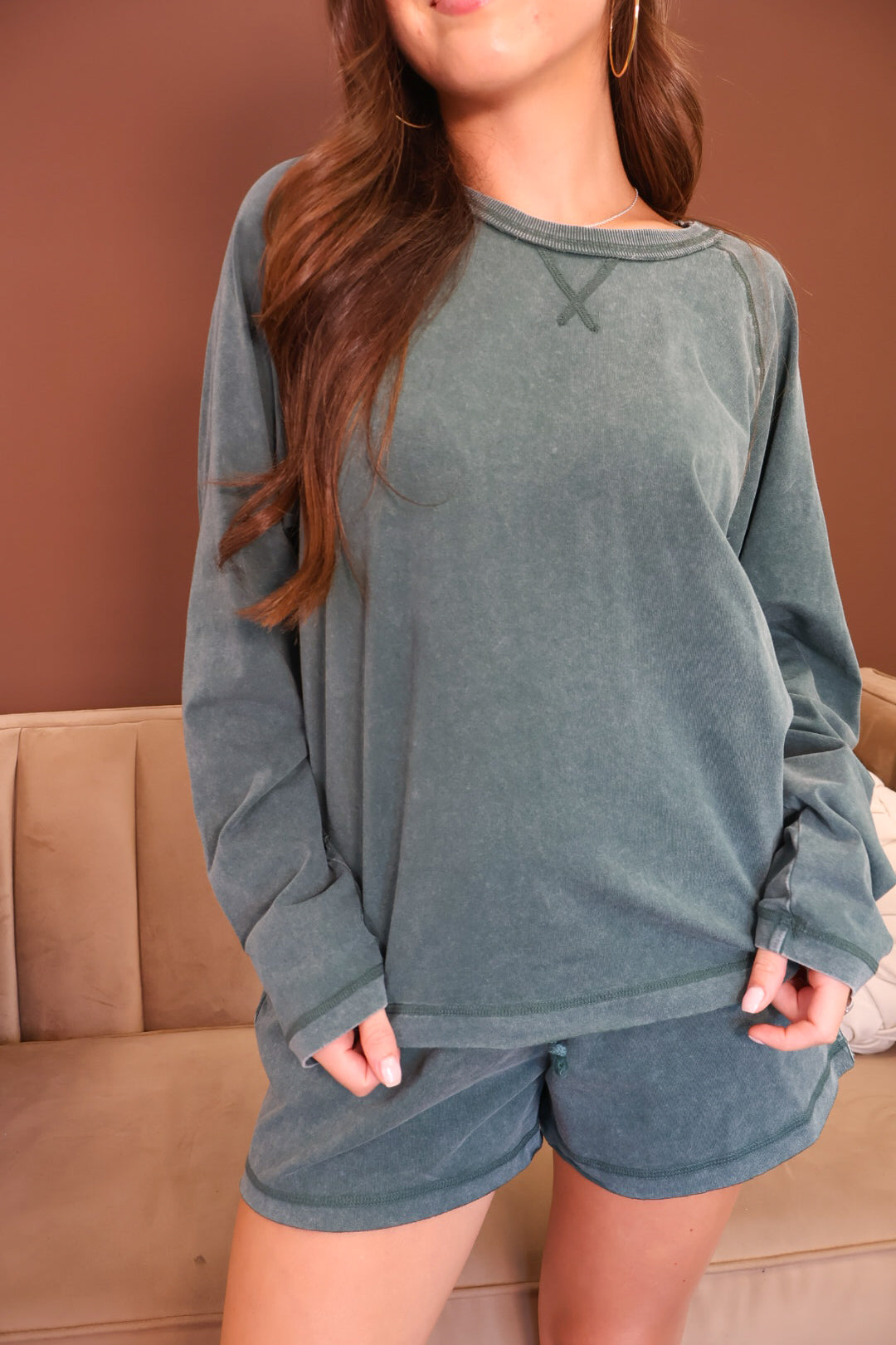 Washed Green Long Sleeve Top & Shorts Set