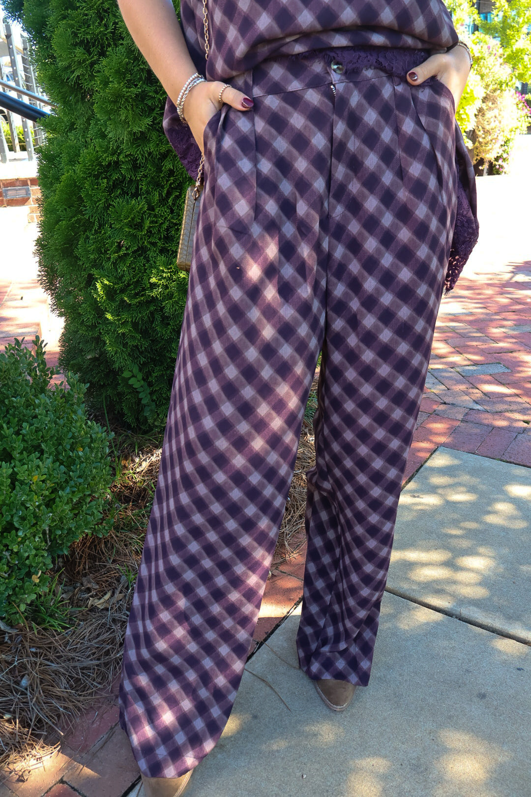 Plum Plaid Asymmetrical Top & Wide Leg Pants Set
