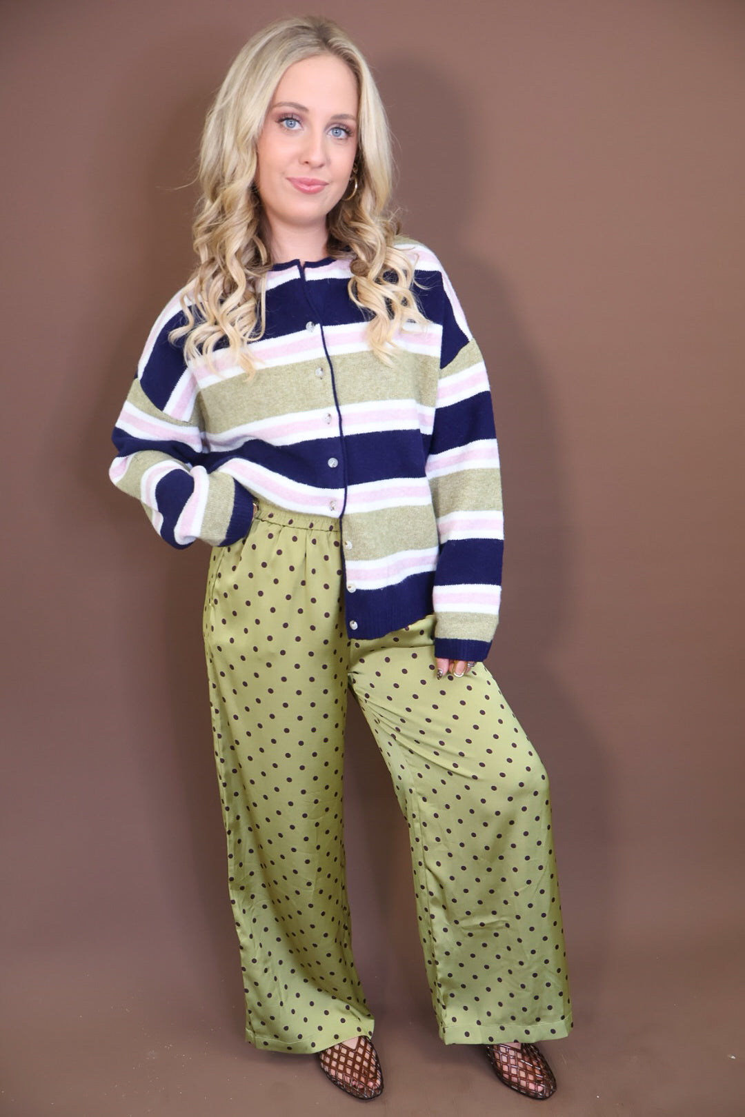 Navy Green & Pink Striped Button-Up Cardigan