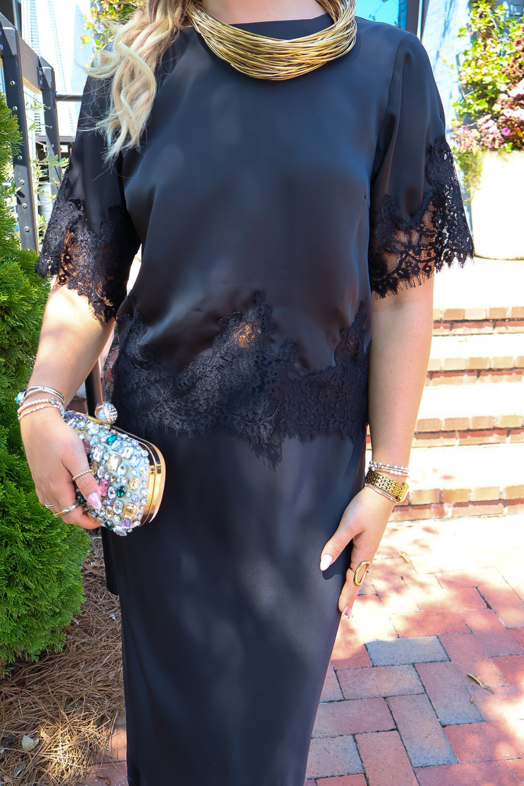 Black Satin Lace Trim Top & Skirt Set