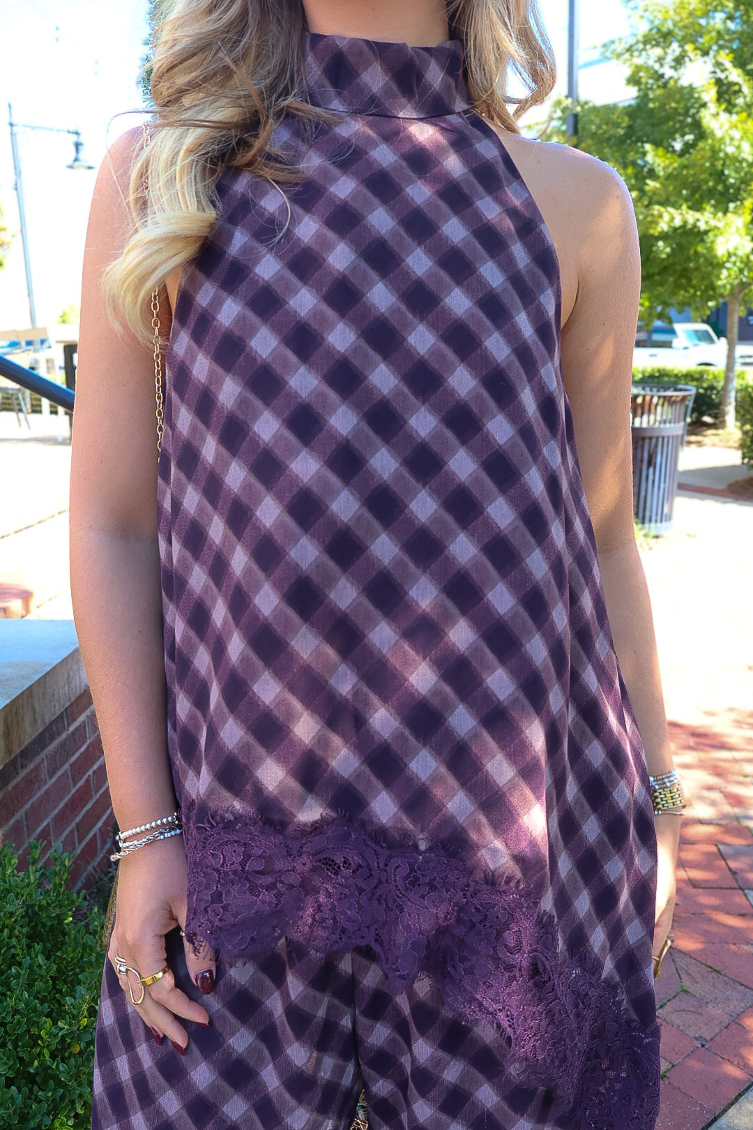 Plum Plaid Asymmetrical Top & Wide Leg Pants Set