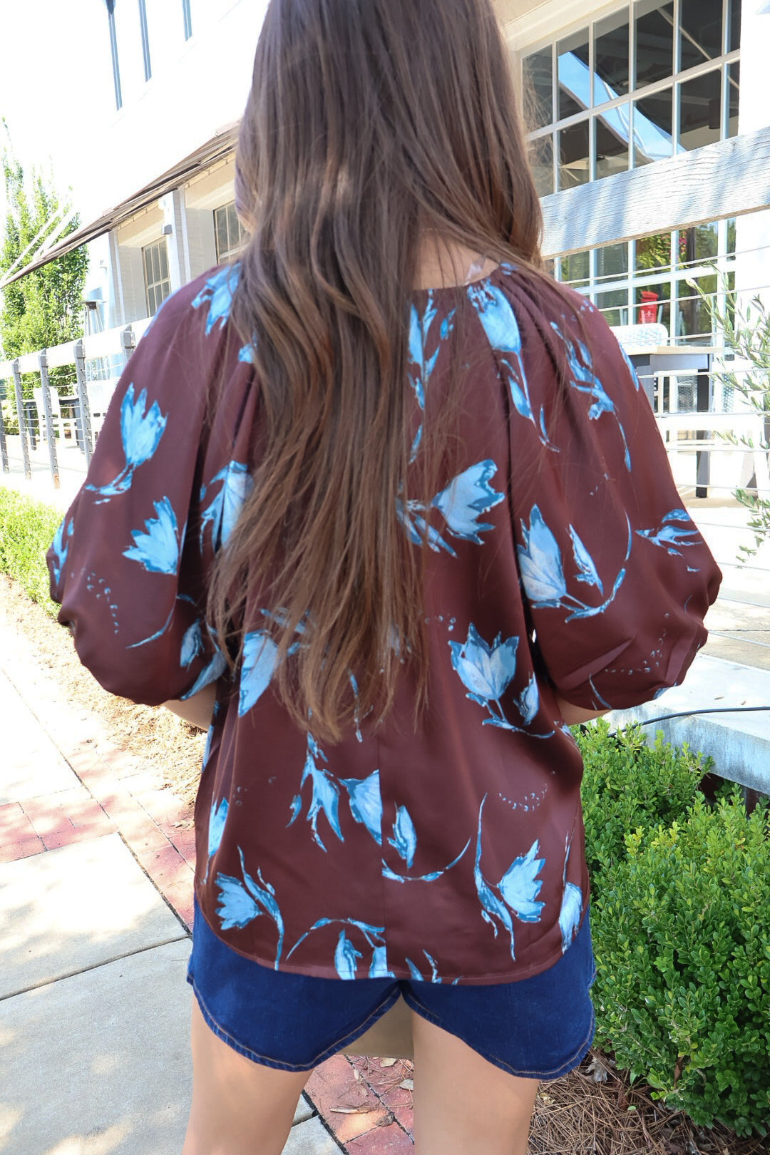 Brown & Blue Floral Satin Top