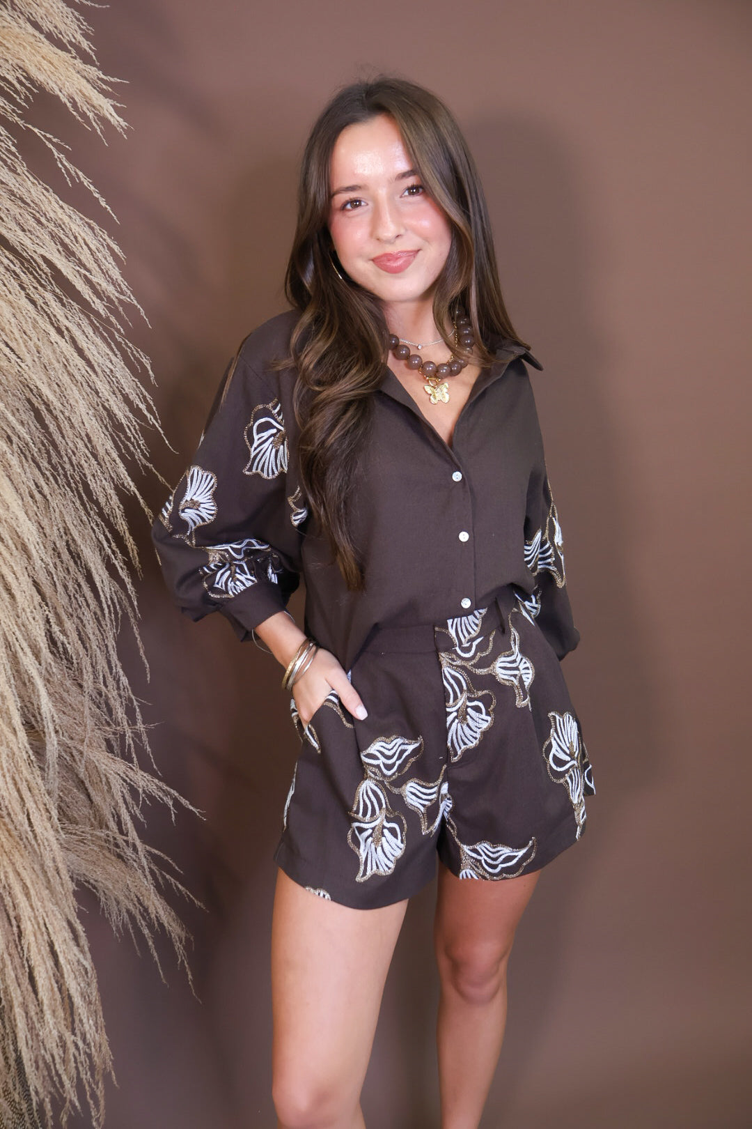 Brown Embroidered Short Set