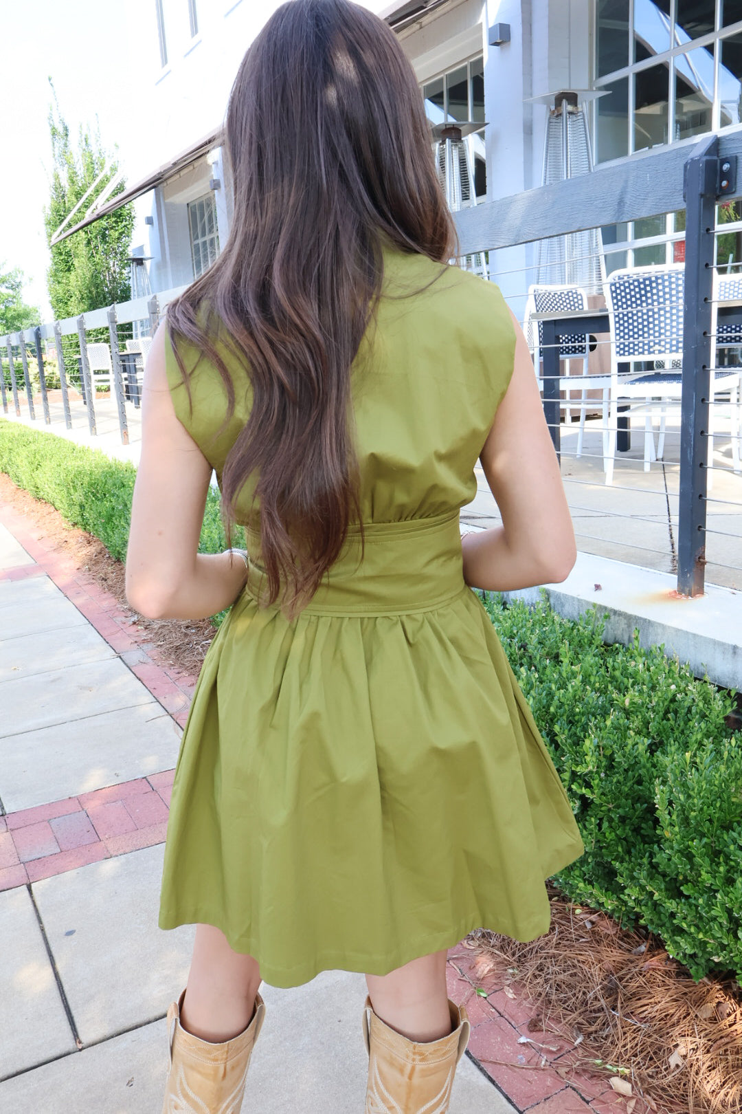 Olive Dress with Banded Waist & Sash