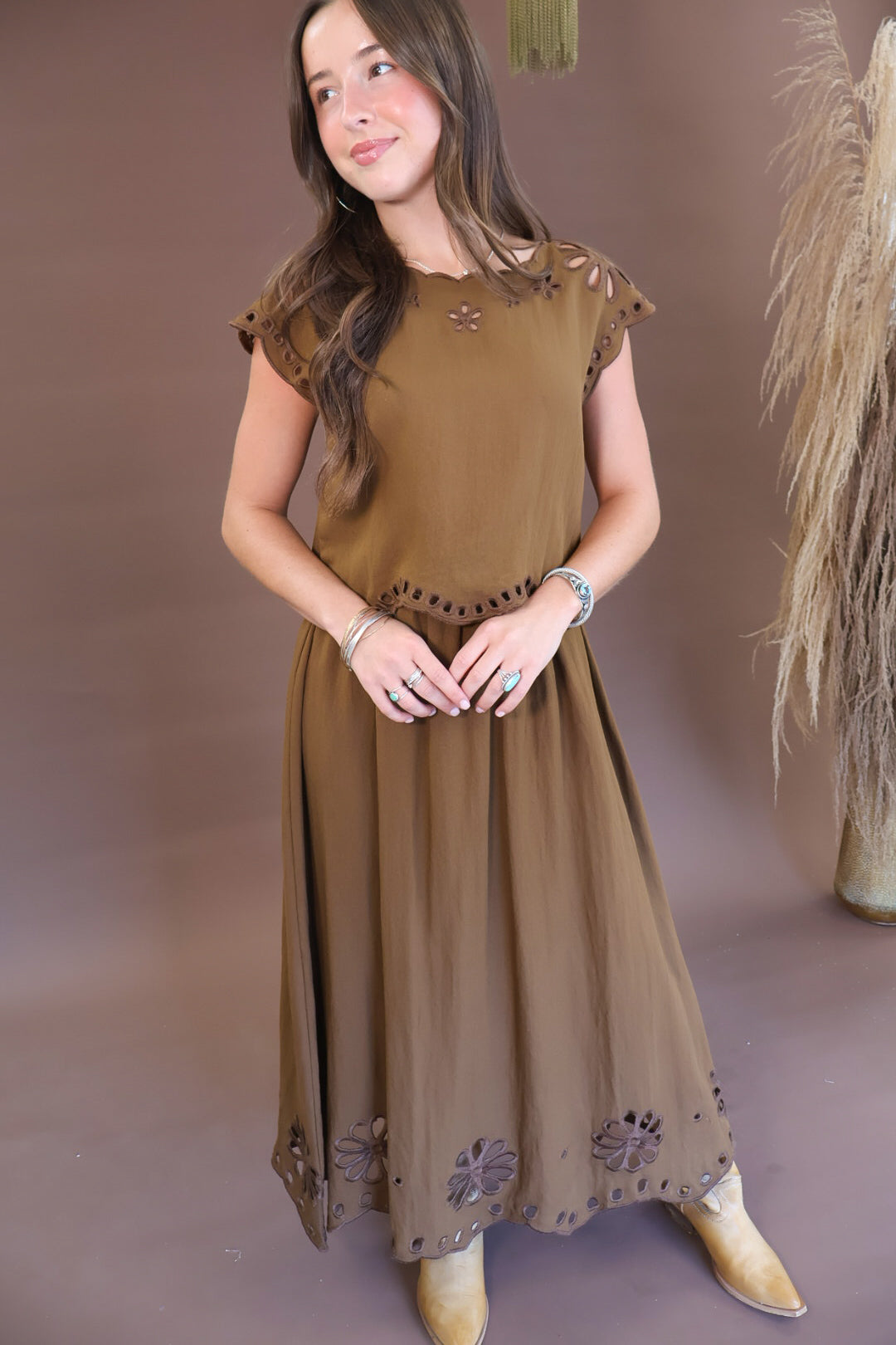 Chocolate Eyelet Cutout Boxy Top & Skirt Set