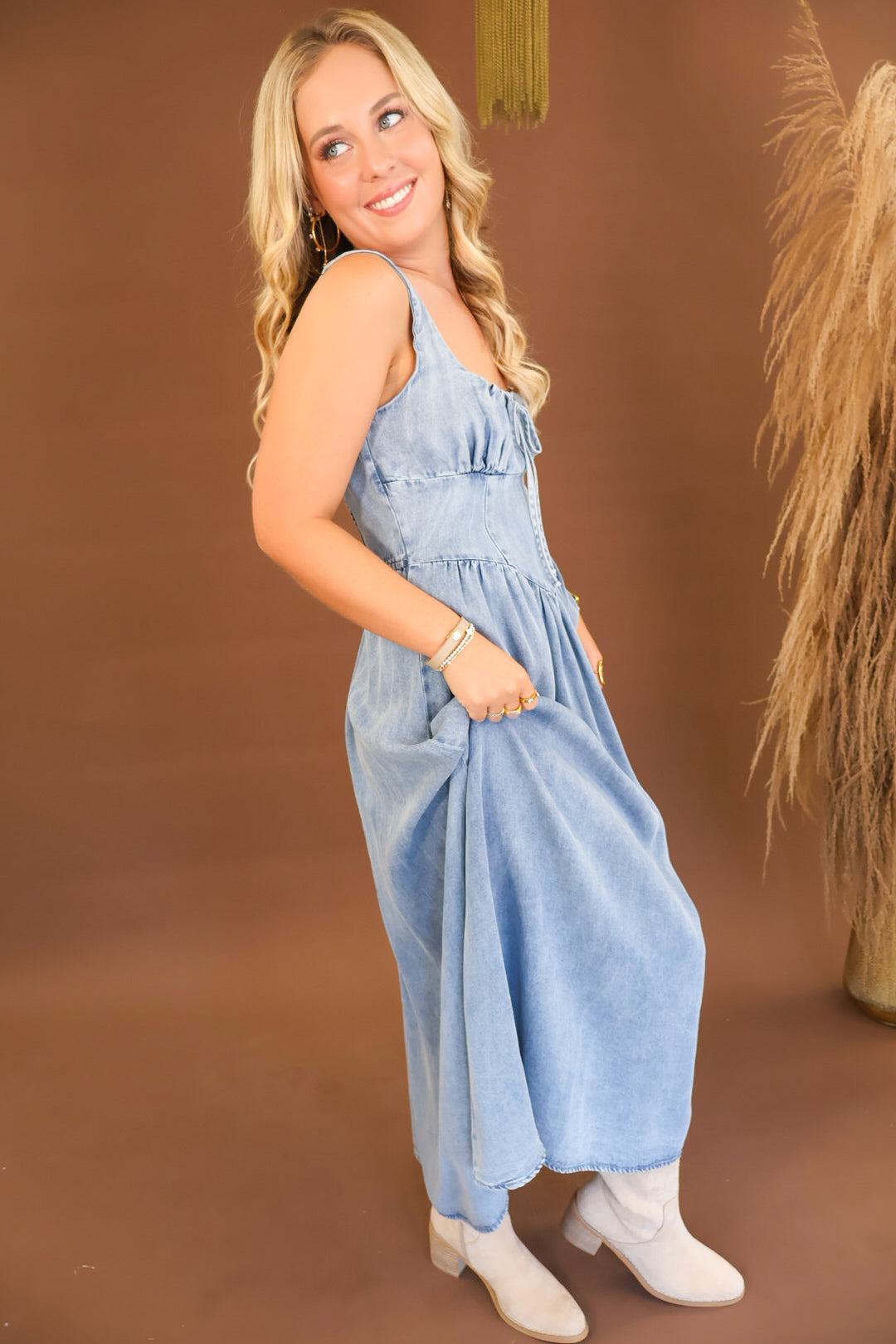 Chambray Corset Detail Midi Dress