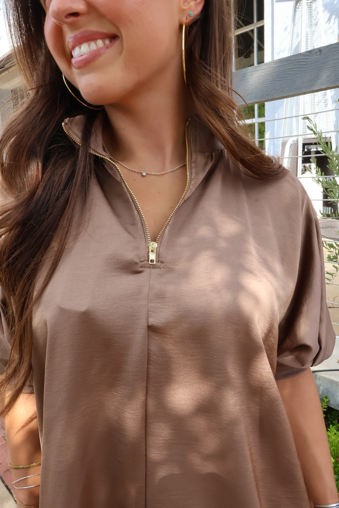 Mocha Satin Quarter-Zip Top