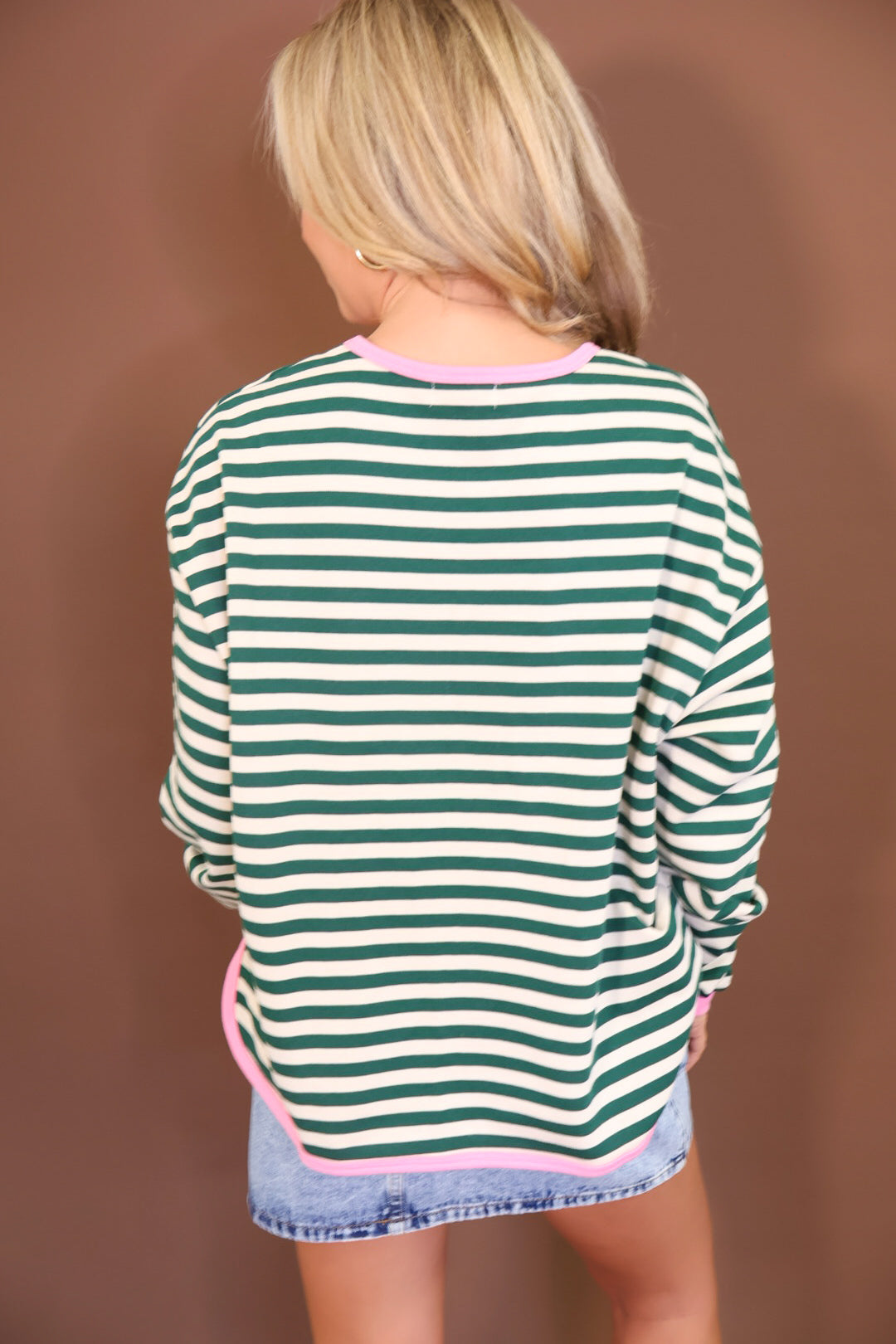 Green & Cream Striped French Terry Sweatshirt