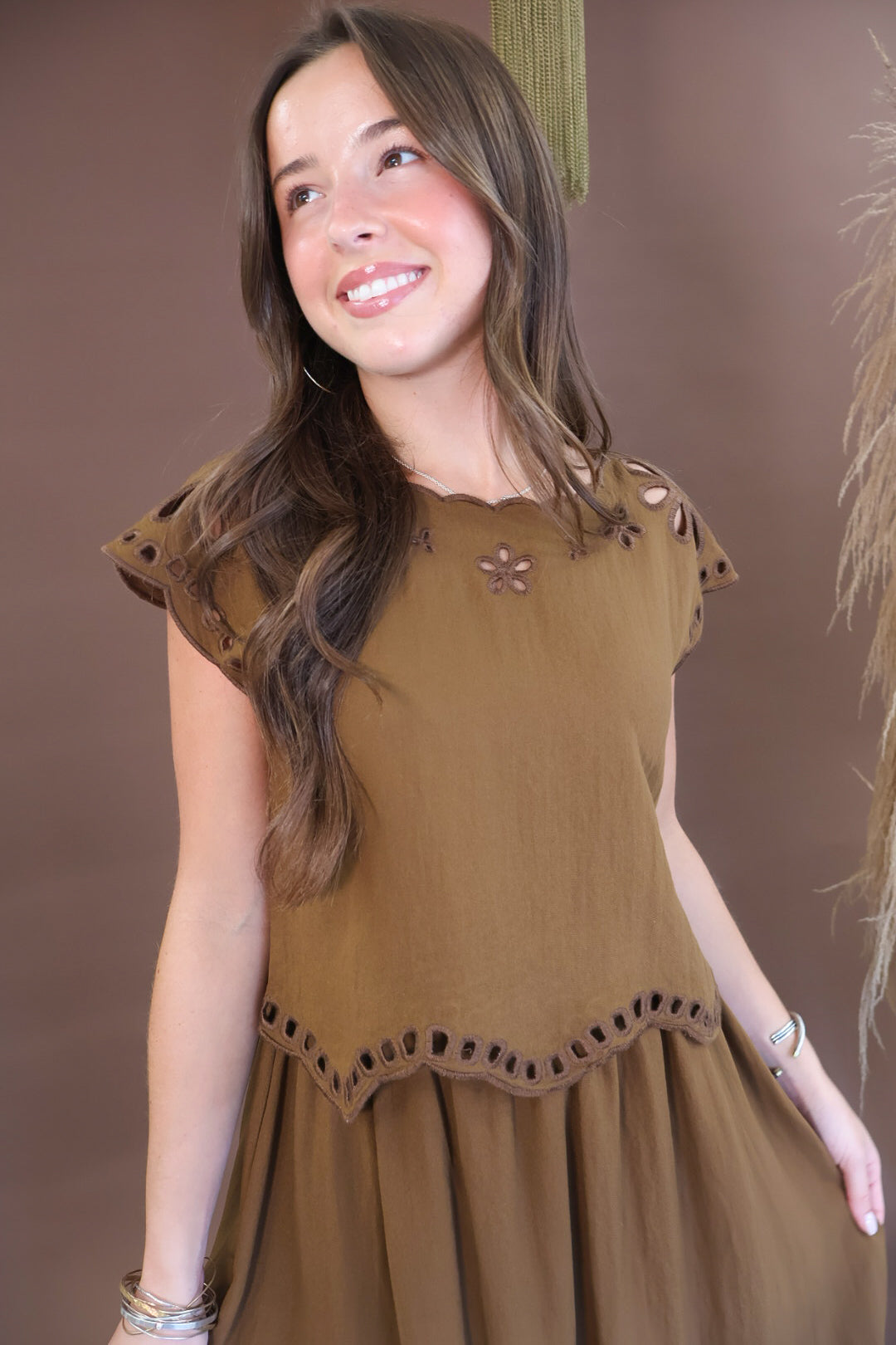 Chocolate Eyelet Cutout Boxy Top & Skirt Set