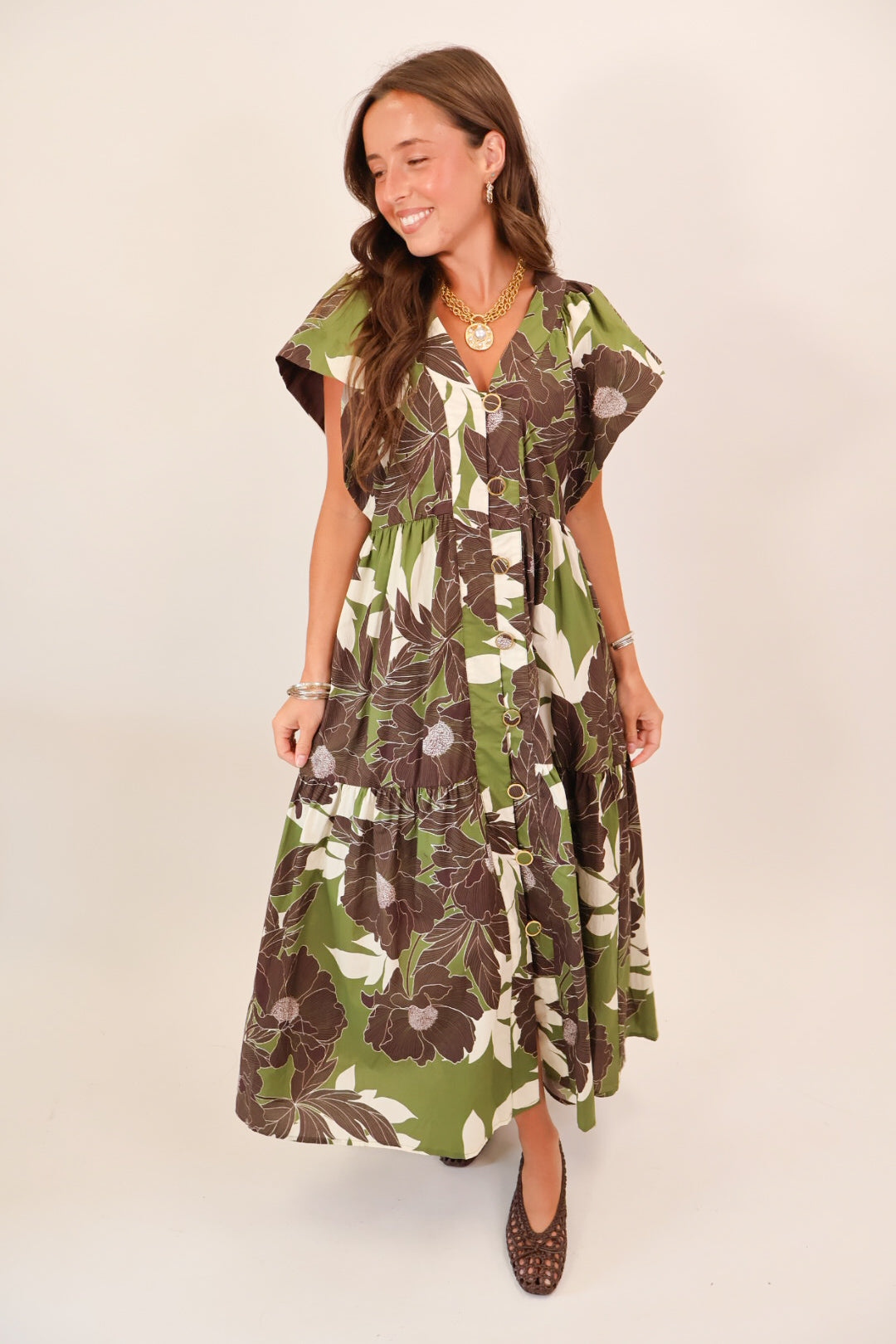 Olive & Brown Floral Button-Front Midi Dress