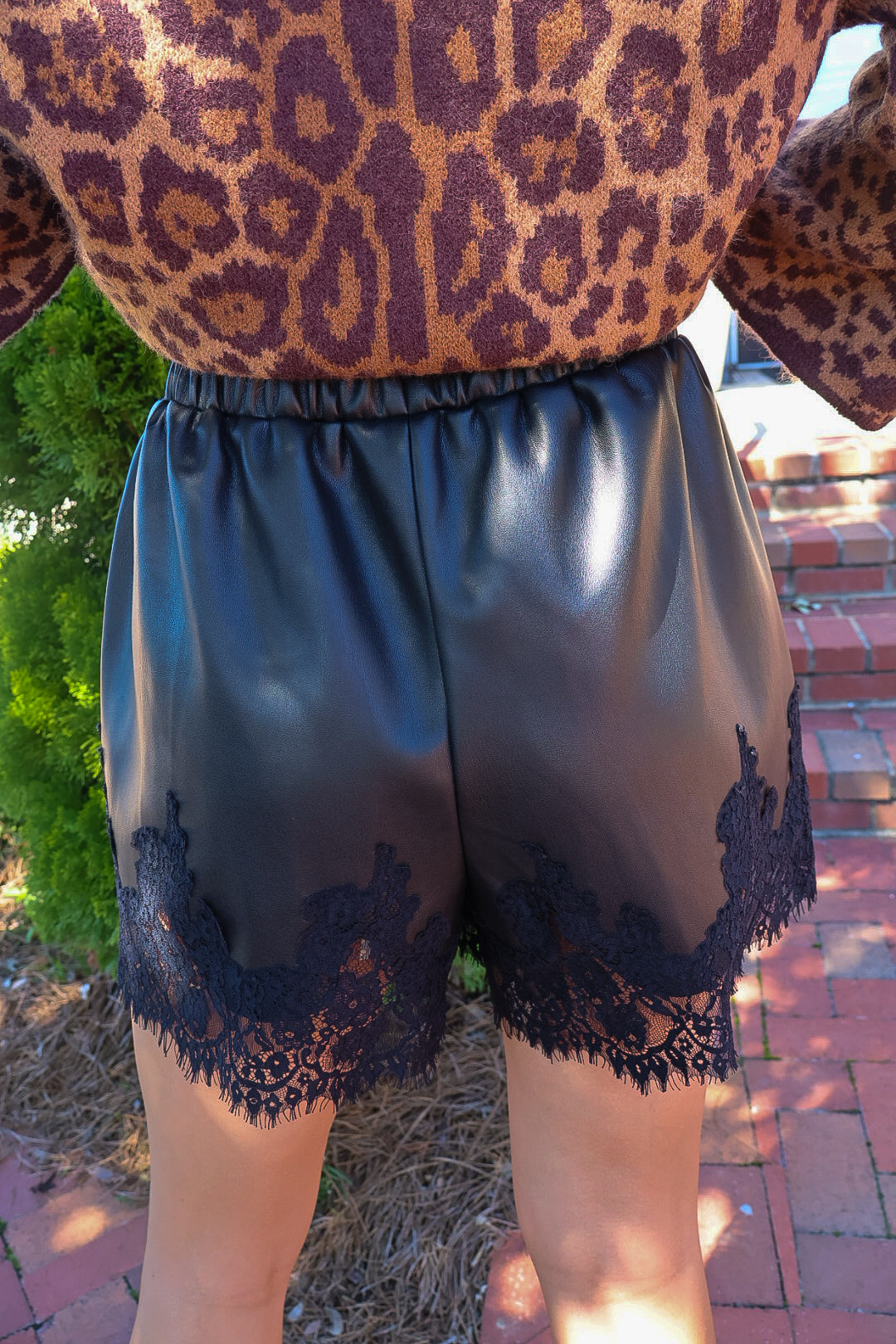 Black Faux Leather Lace Trim Shorts