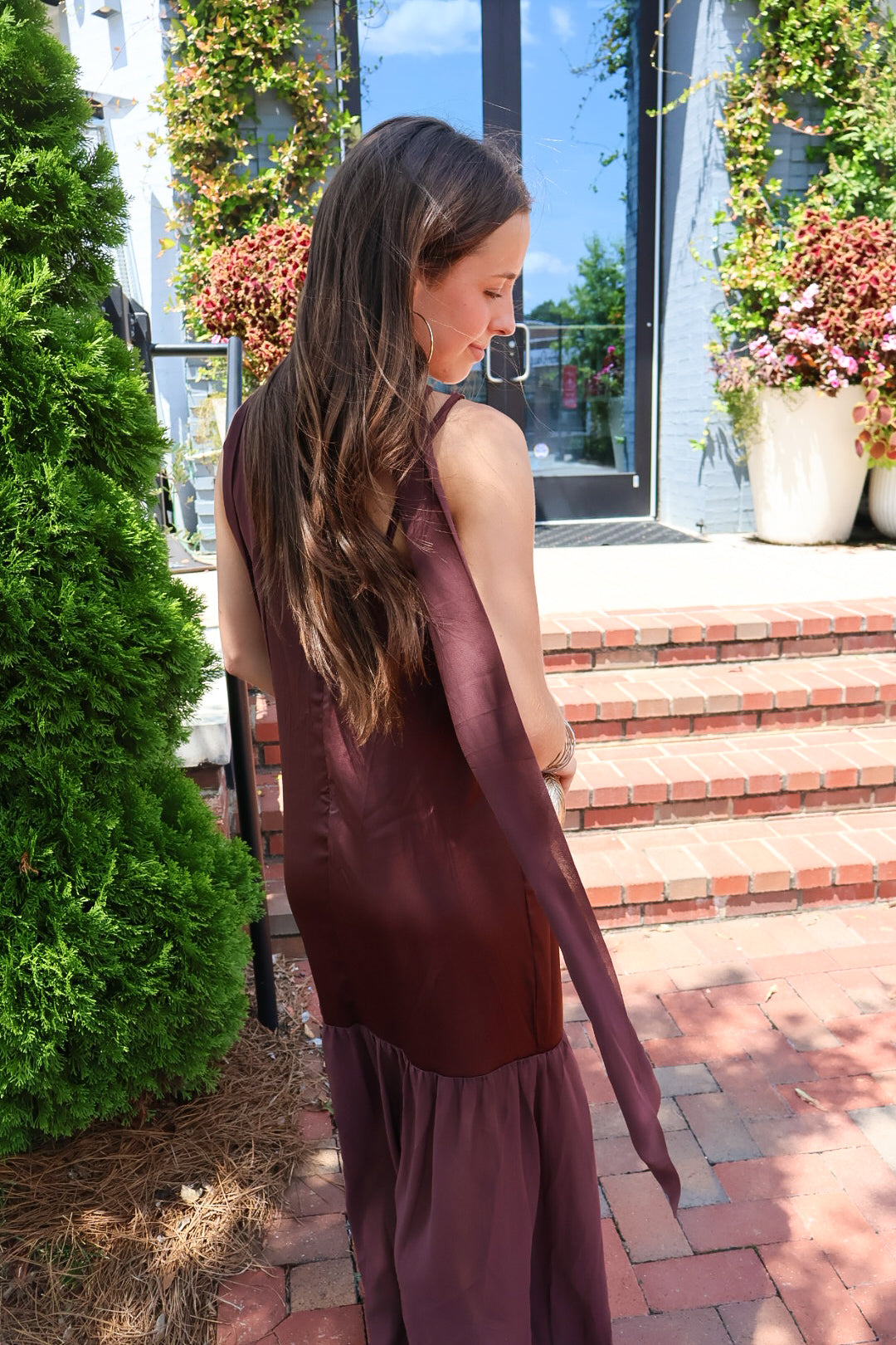 Chocolate Brown Satin Scarf Slip Maxi Dress