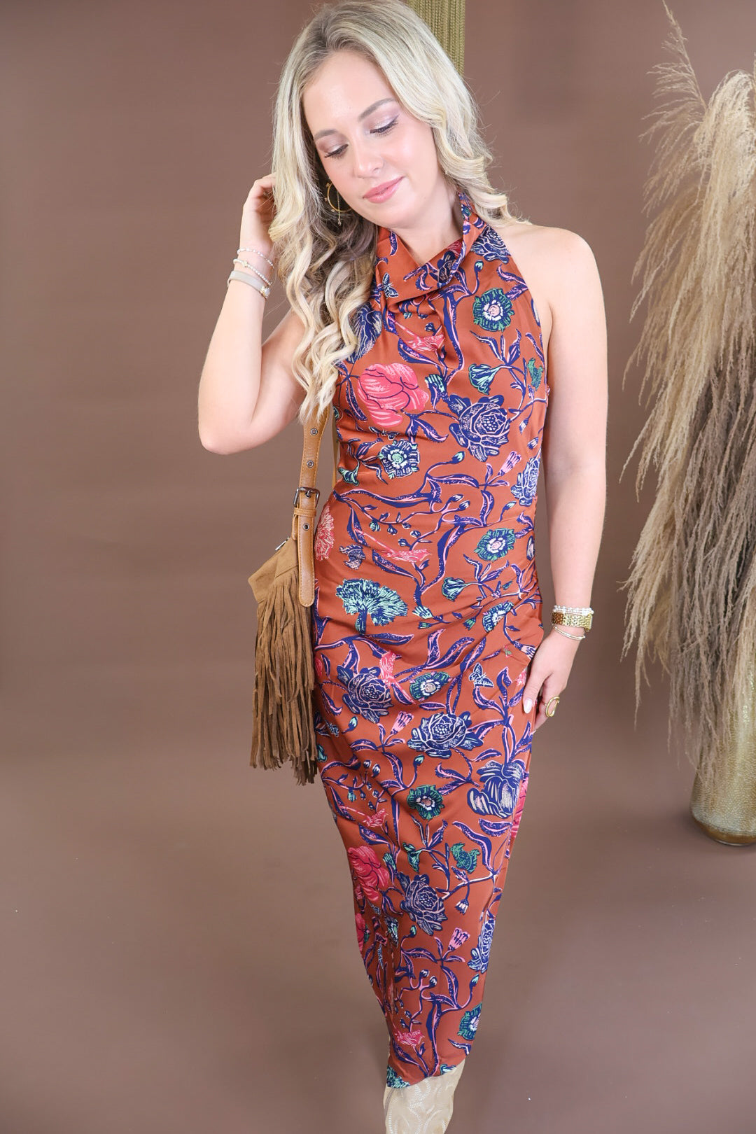 Rust Floral Satin Cowl Neck Maxi Dress