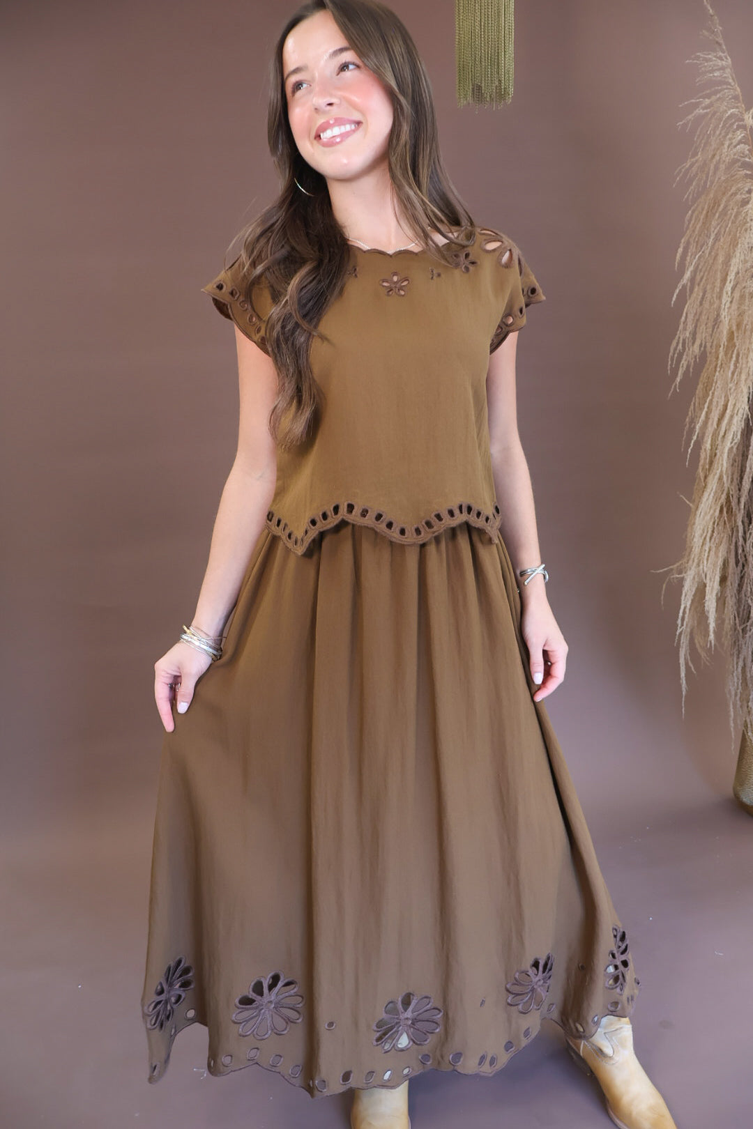 Chocolate Eyelet Cutout Boxy Top & Skirt Set