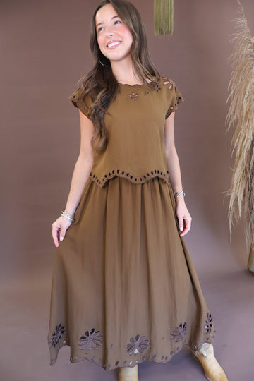 Chocolate Eyelet Cutout Boxy Top & Skirt Set