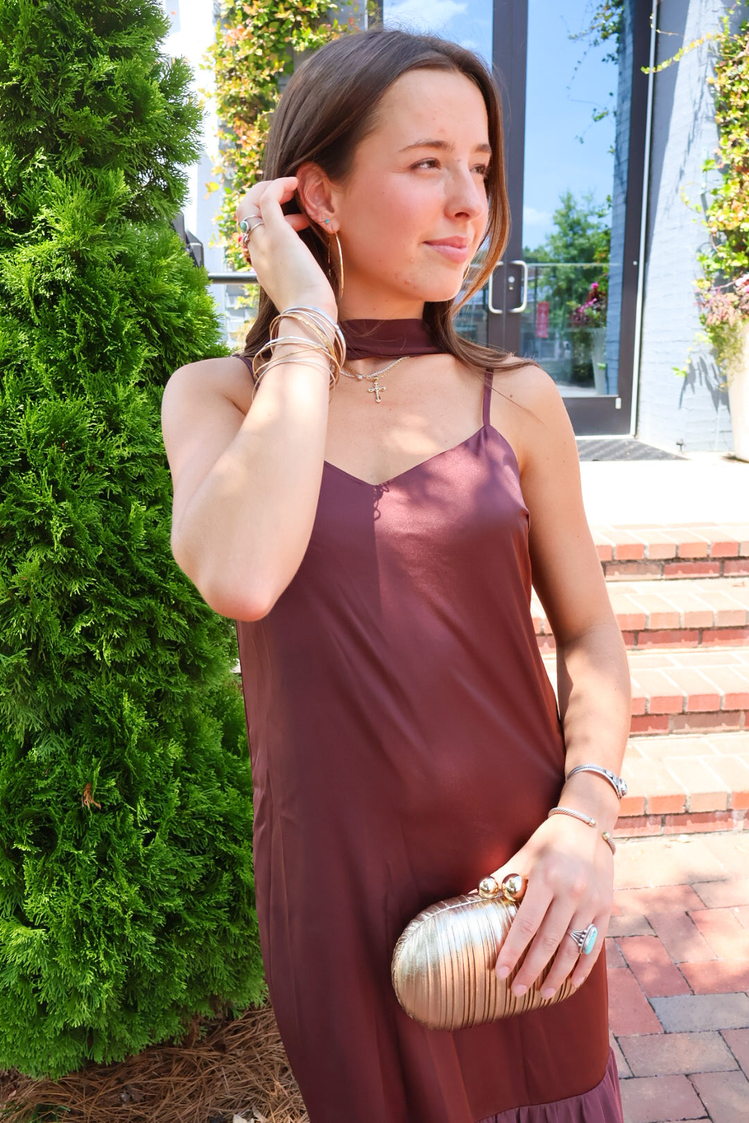 Chocolate Brown Satin Scarf Slip Maxi Dress