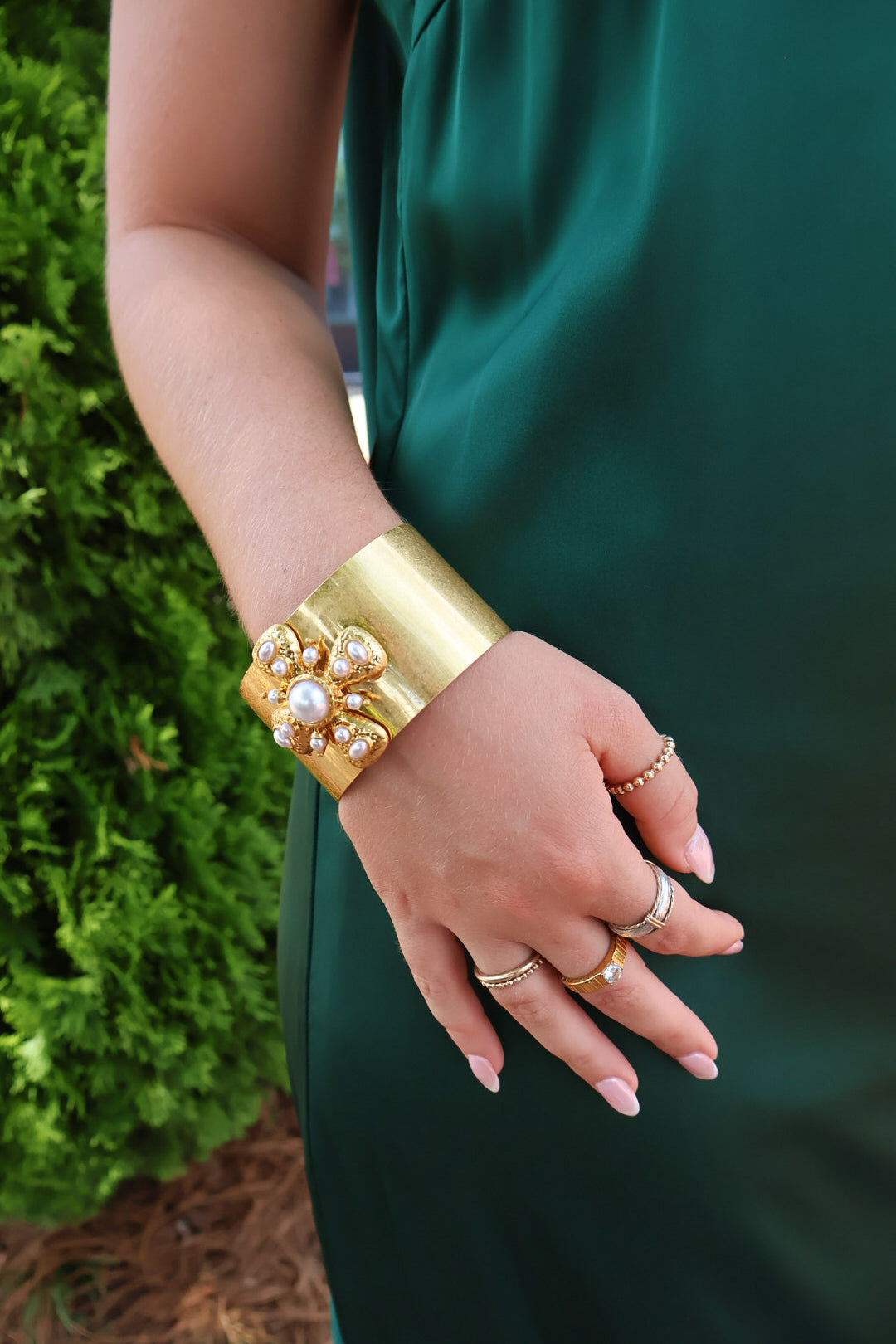 Gold Pearl Flower Cuff Bracelet