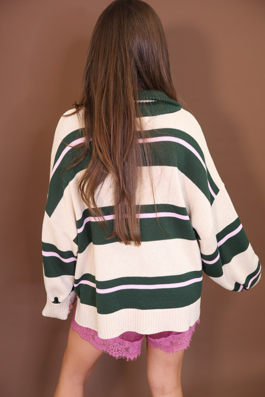 Hunter Green & Cream Oversized Quarter-Zip Sweater