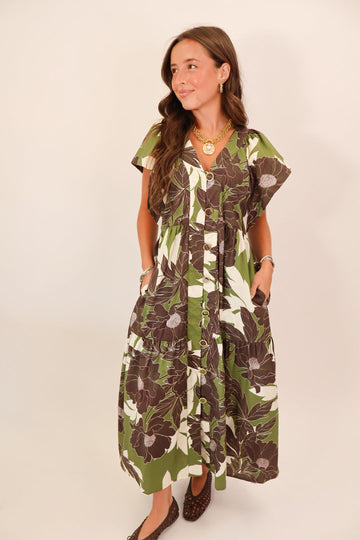 Olive & Brown Floral Button-Front Midi Dress